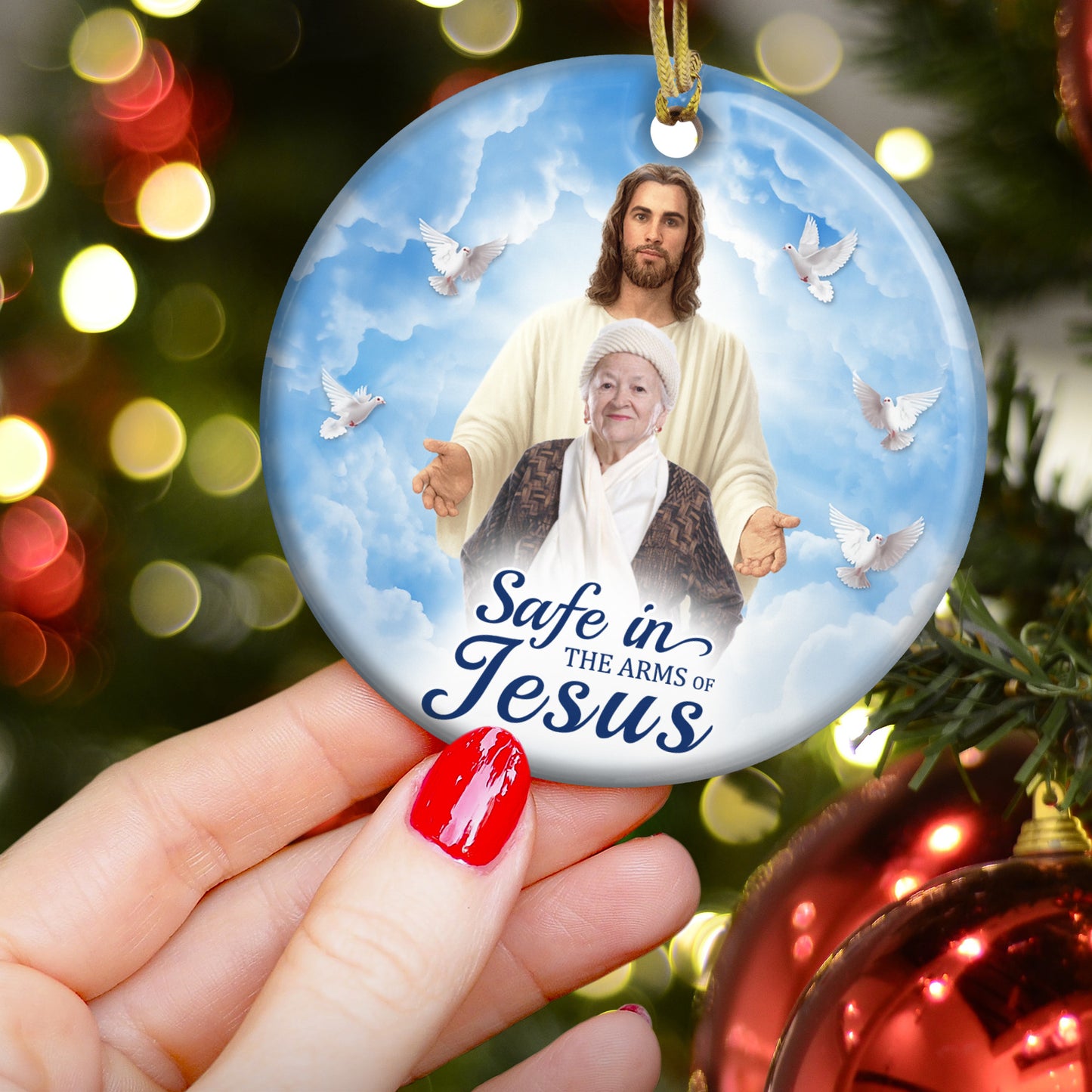 Safe In The Arms Of Jesus Memorial Christmas Ornament - Personalized Ceramic Photo Ornament