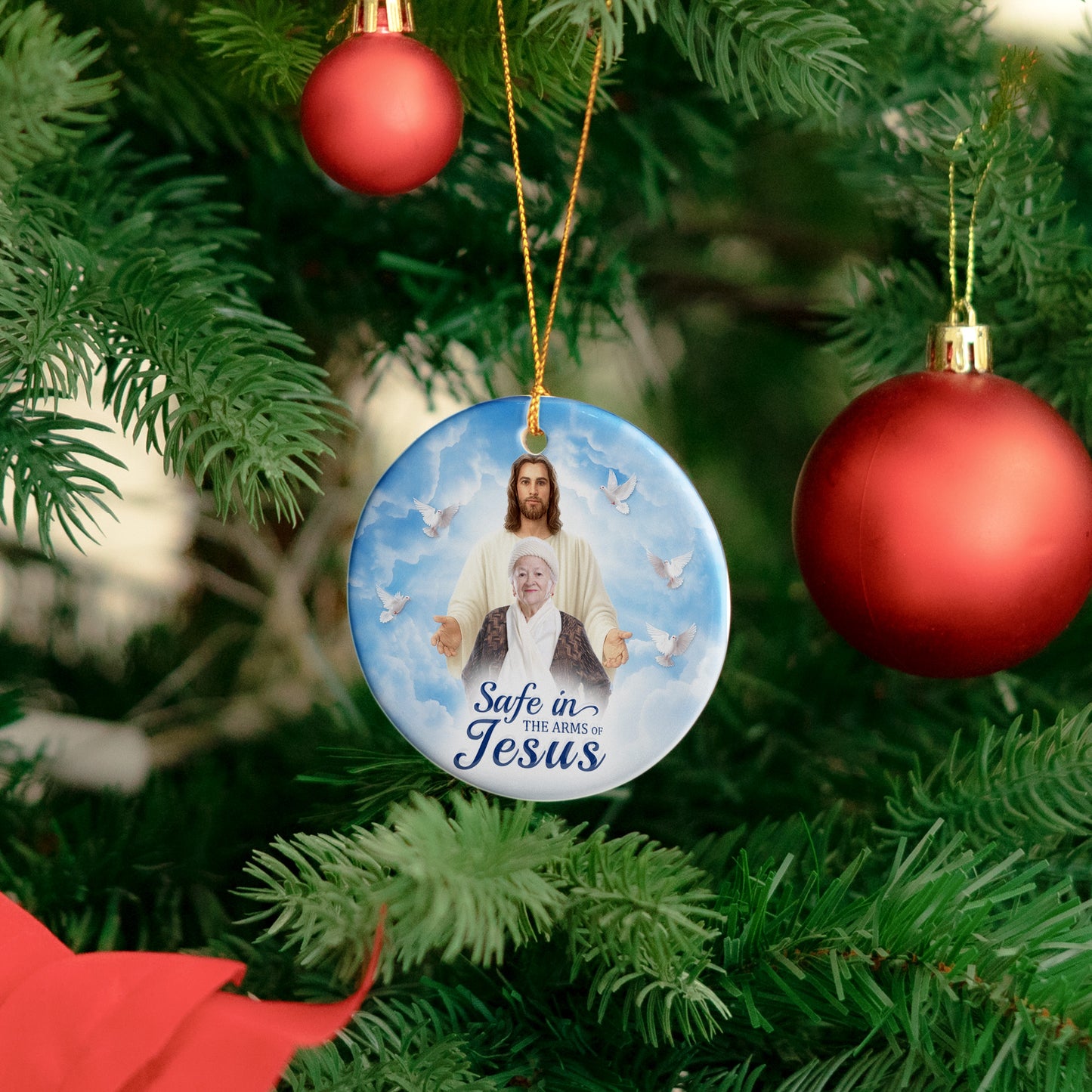 Safe In The Arms Of Jesus Memorial Christmas Ornament - Personalized Ceramic Photo Ornament
