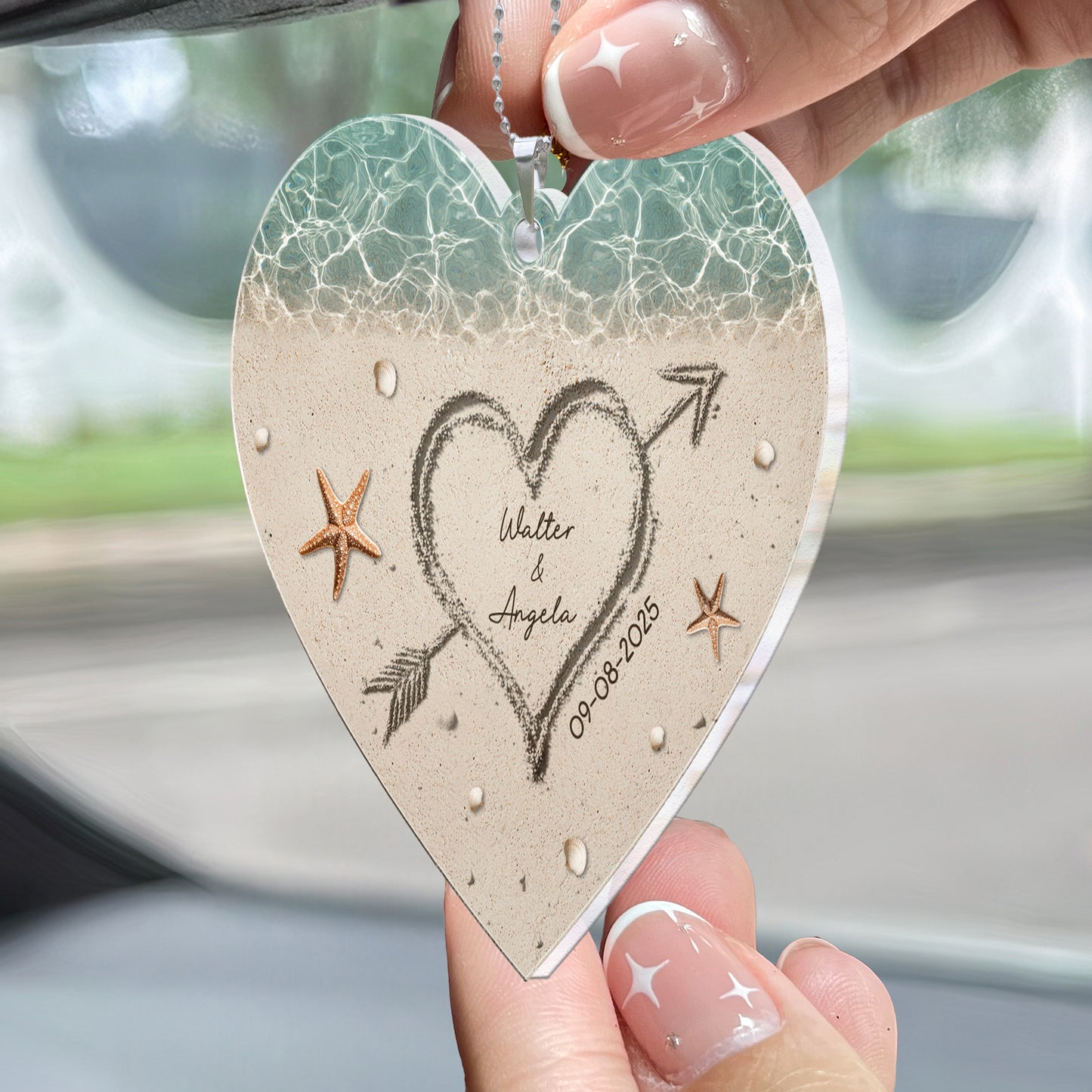 Sand Heart Custom Name - Personalized Rear View Mirror Accessory