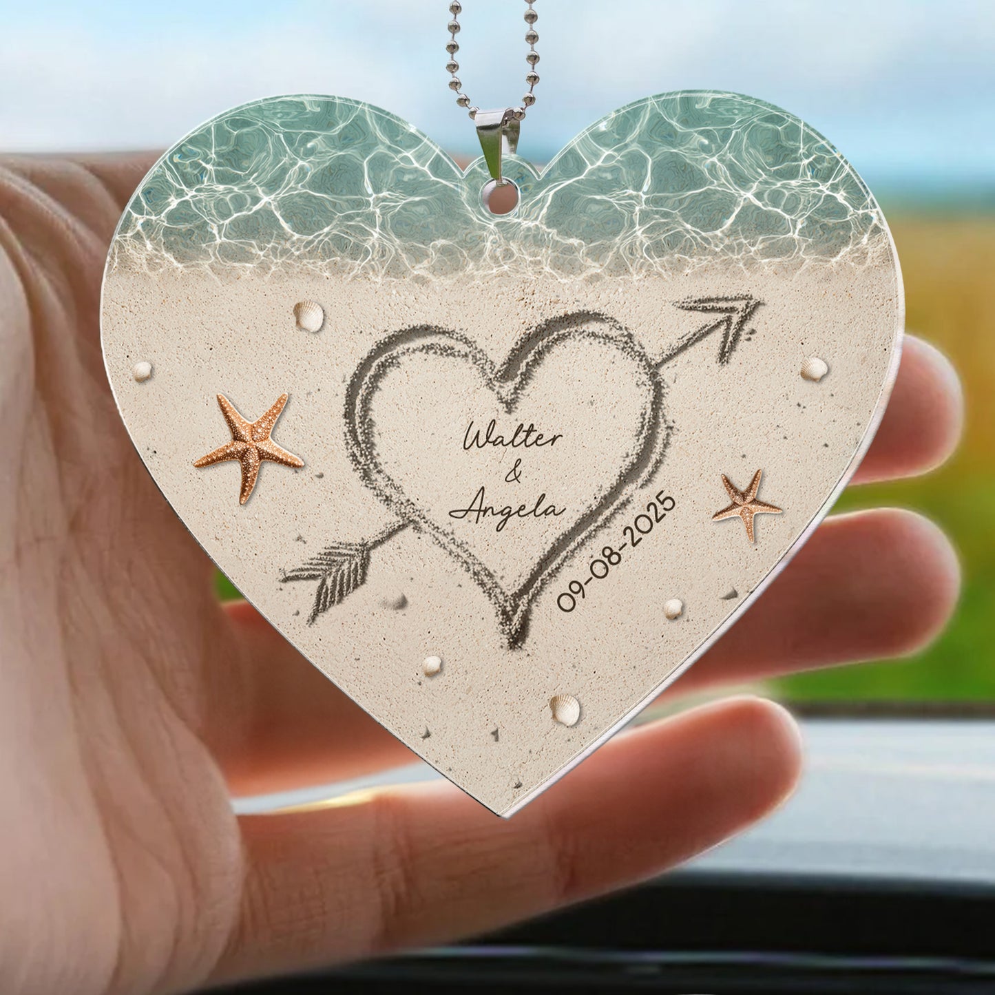 Sand Heart Custom Name - Personalized Rear View Mirror Accessory
