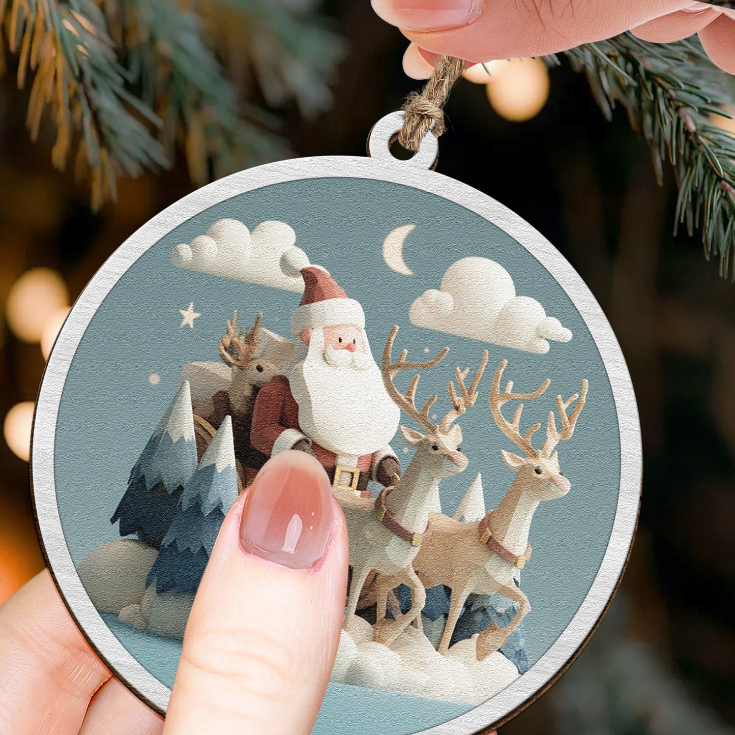 Santa Claus And Reindeers - Wooden Ornament