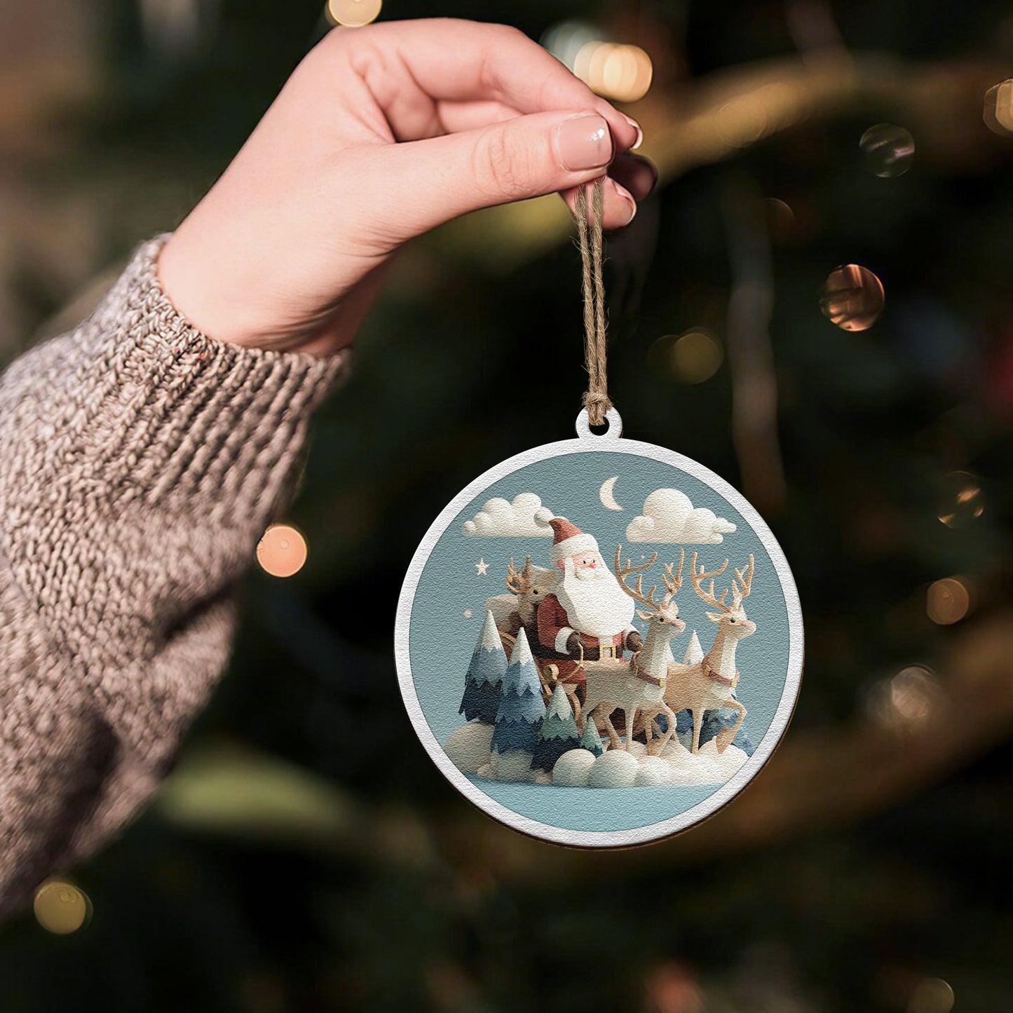 Santa Claus And Reindeers - Wooden Ornament