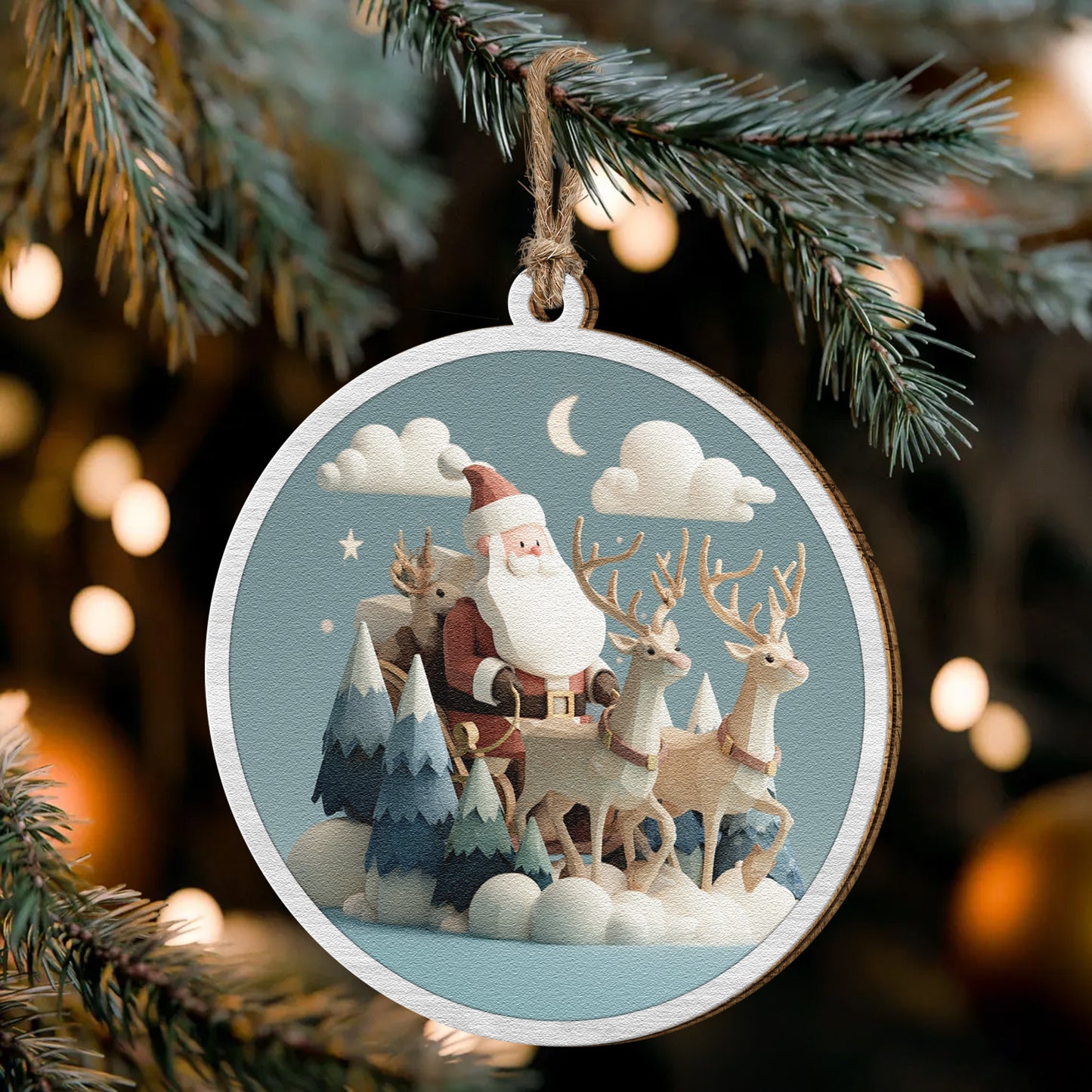 Santa Claus And Reindeers - Wooden Ornament