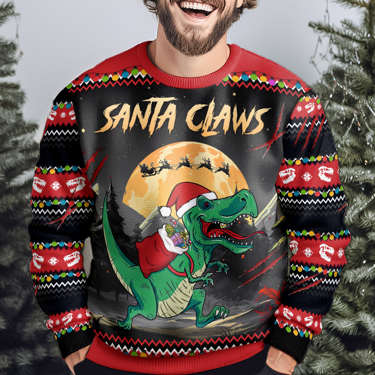 Santa Claws T-Rex Christmas Dinosaur Santa - Personalized Ugly Sweater