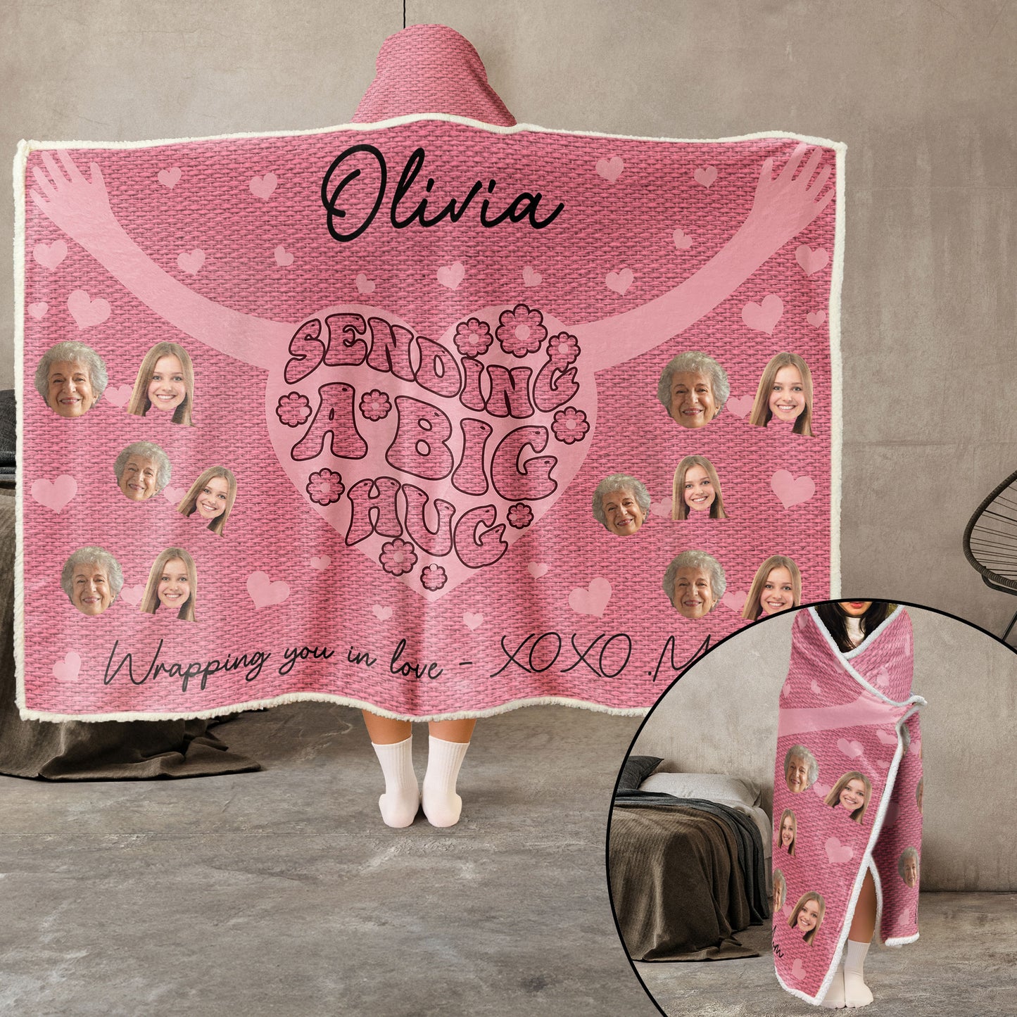 Sending A Big Hug - Personalized Photo Wearable Blanket Hoodie