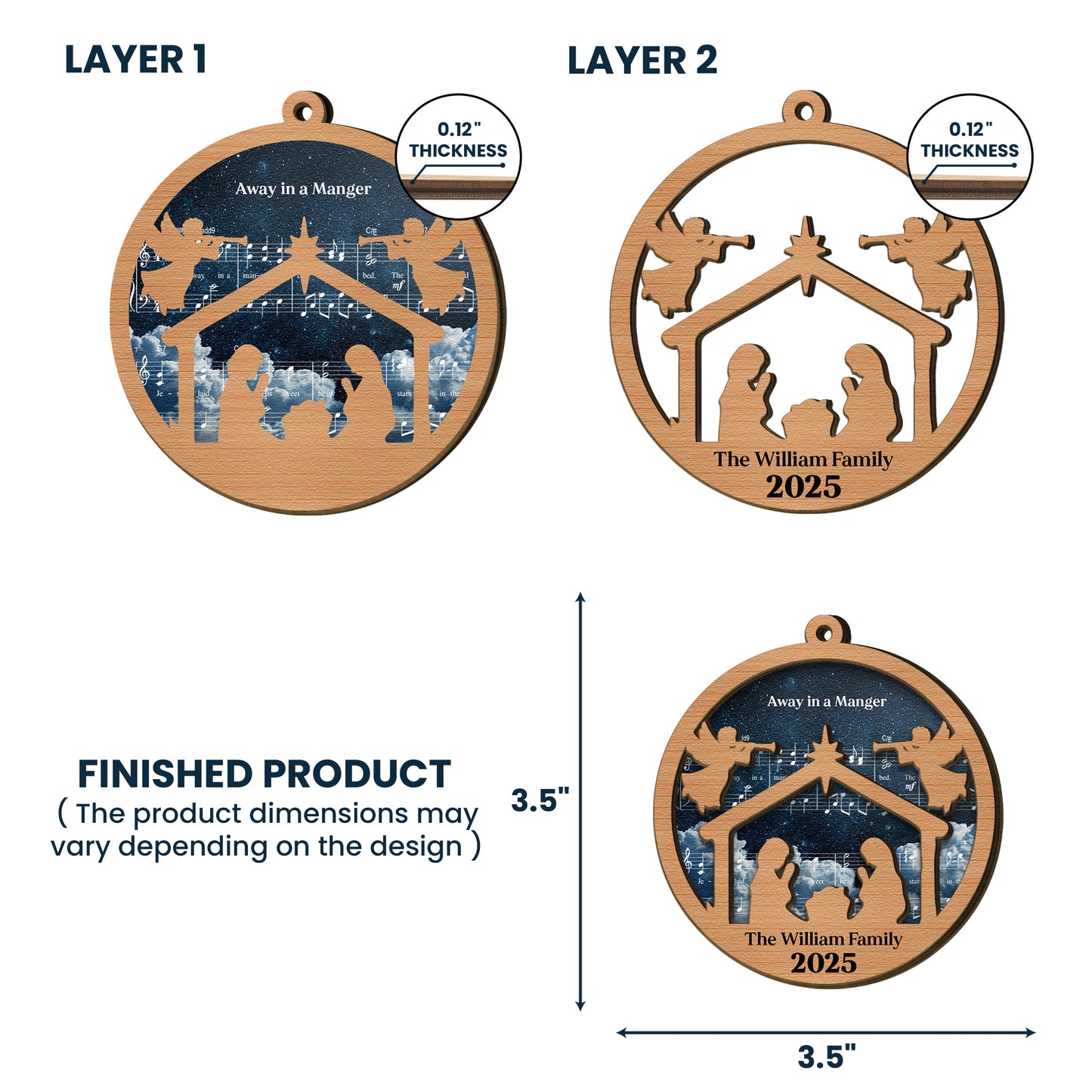 Set Of 5 Pieces Nativity Christmas With Music Sheet - Personalized Wooden Ornament