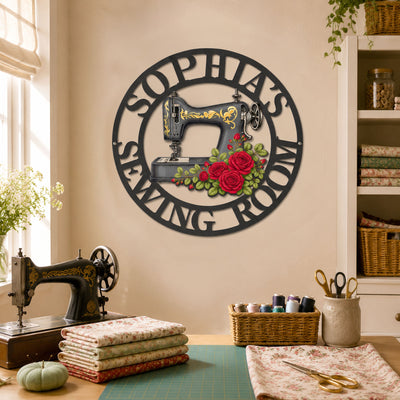 Sewing Room, Sewing Machine With Birth Flower - Personalized Metal Sign