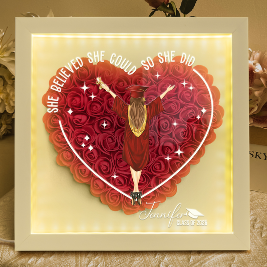 She Believed She Could Graduation Gift - Personalized Flower Shadow Box With LED Light
