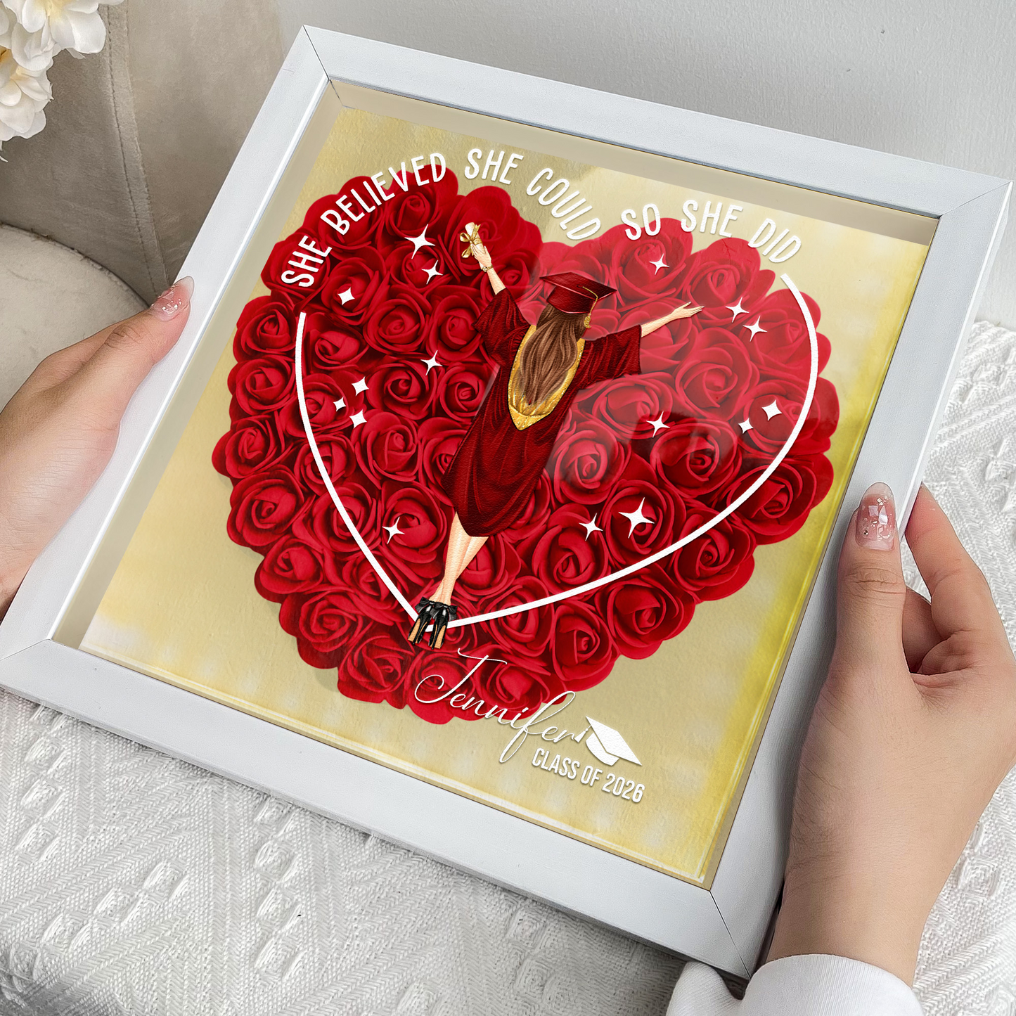 She Believed She Could Graduation Gift - Personalized Flower Shadow Box With LED Light