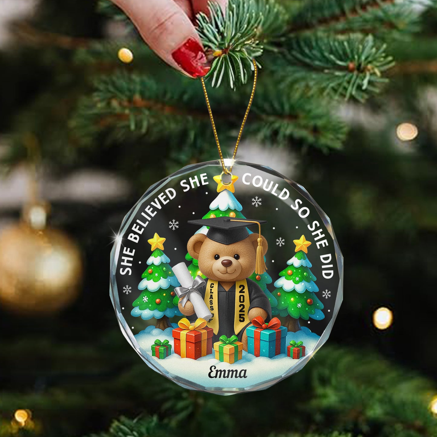 She Believed She Could So She Did - Graduation Bear - Personalized Glass Ornament