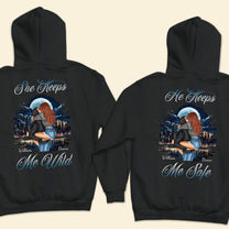 She Keeps Me Wild He Keeps Me Safe - Personalized Matching Couple Back Printed Hoodies