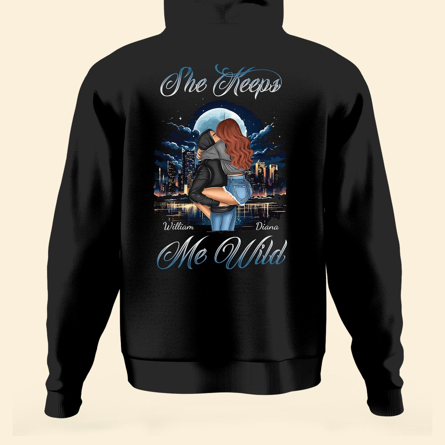 She Keeps Me Wild He Keeps Me Safe - Personalized Matching Couple Back Printed Hoodies