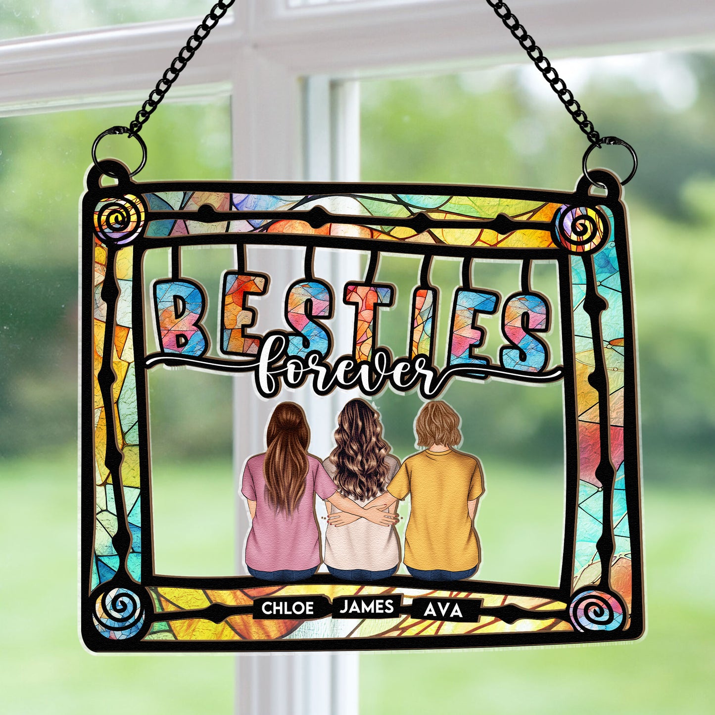 Siblings Being Together On Frame - Personalized Window Hanging Suncatcher Ornament