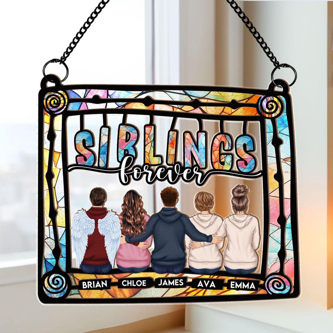 Siblings Being Together On Frame - Personalized Window Hanging Suncatcher Ornament