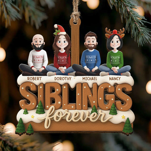 2D Flat Ornament Siblings Forever - Family Sitting Together - Personalized Wooden Ornament