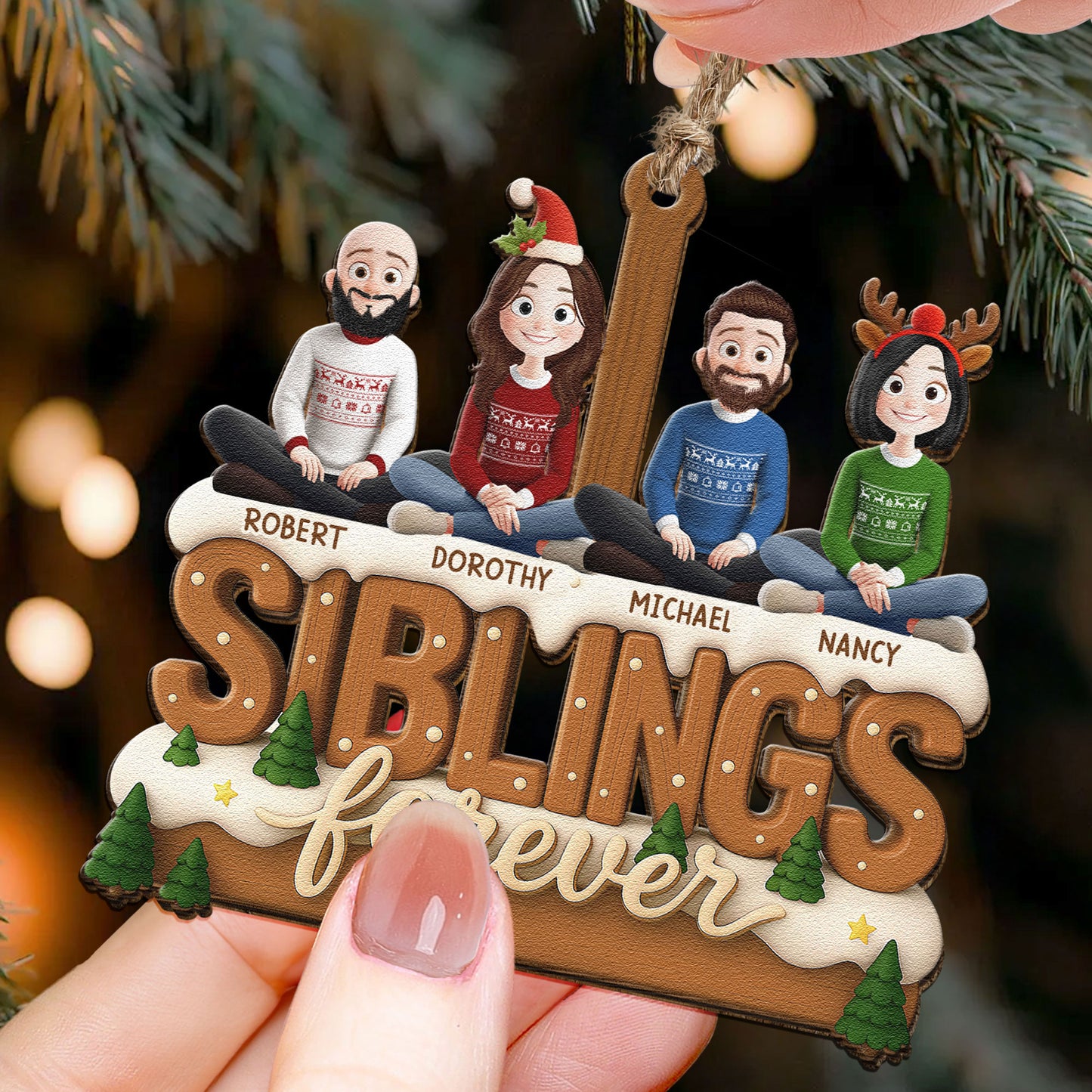 2D Flat Ornament Siblings Forever - Family Sitting Together - Personalized Wooden Ornament