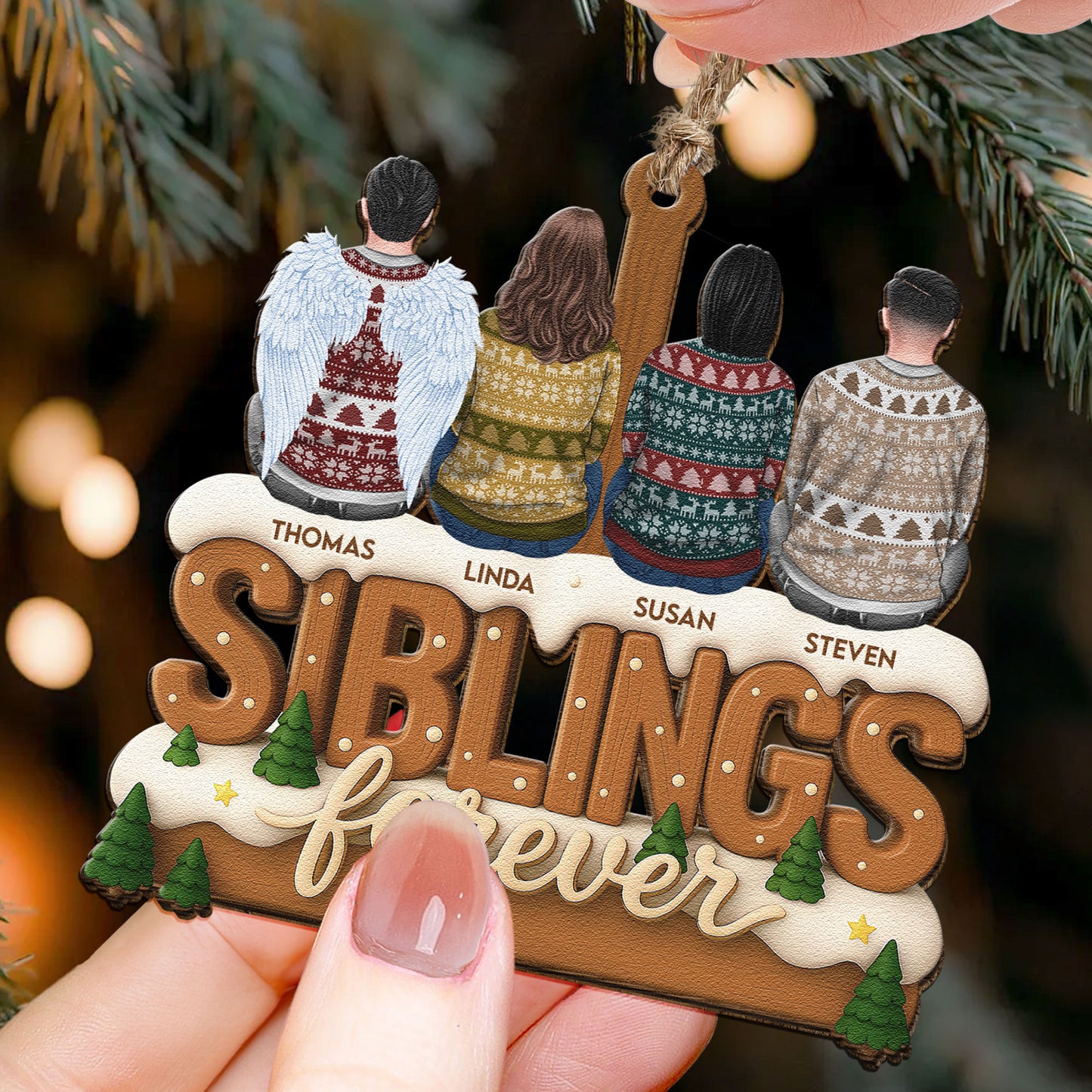 2D Flat Ornament Siblings Forever - Family Sitting Together - Personalized Wooden Ornament