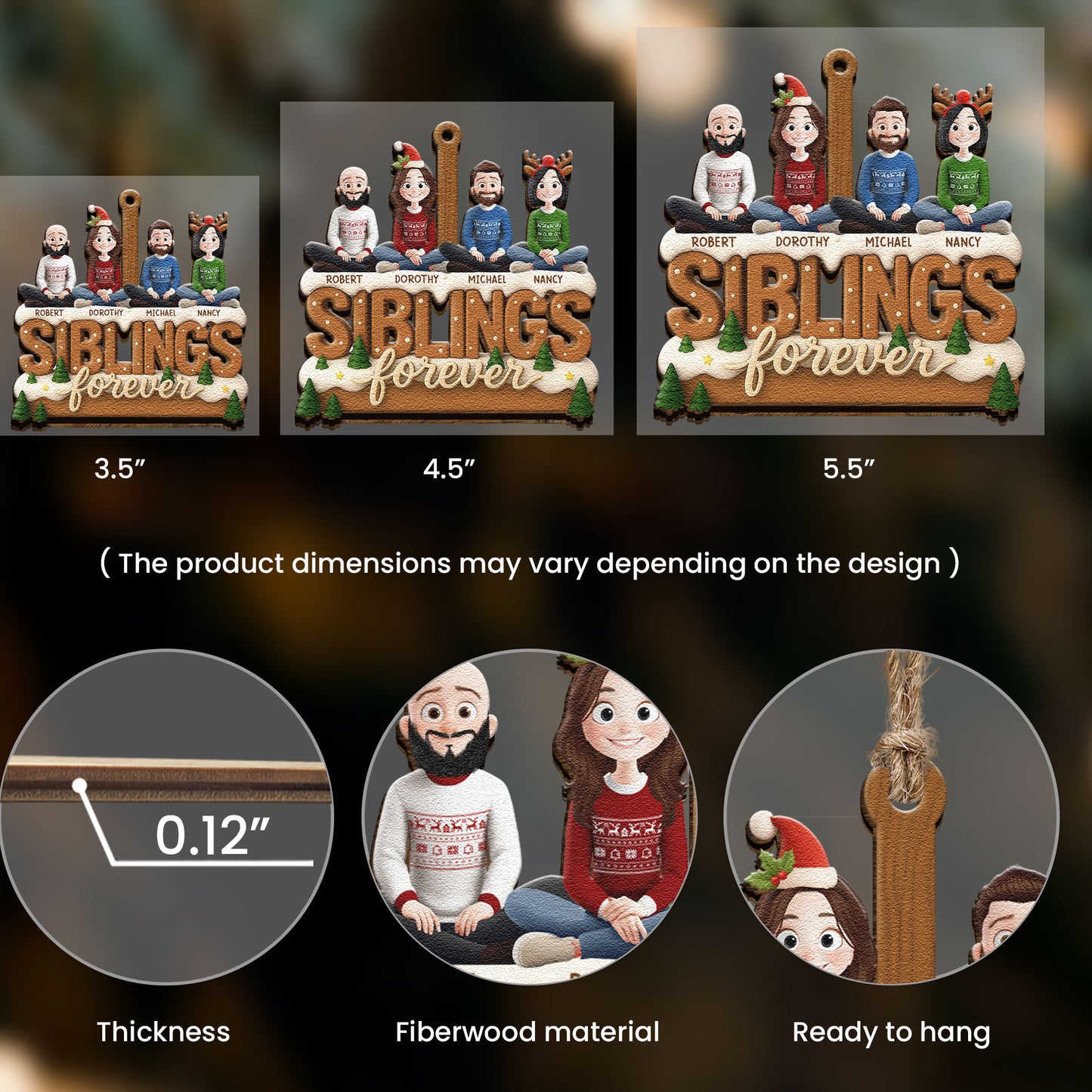 2D Flat Ornament Siblings Forever - Family Sitting Together - Personalized Wooden Ornament