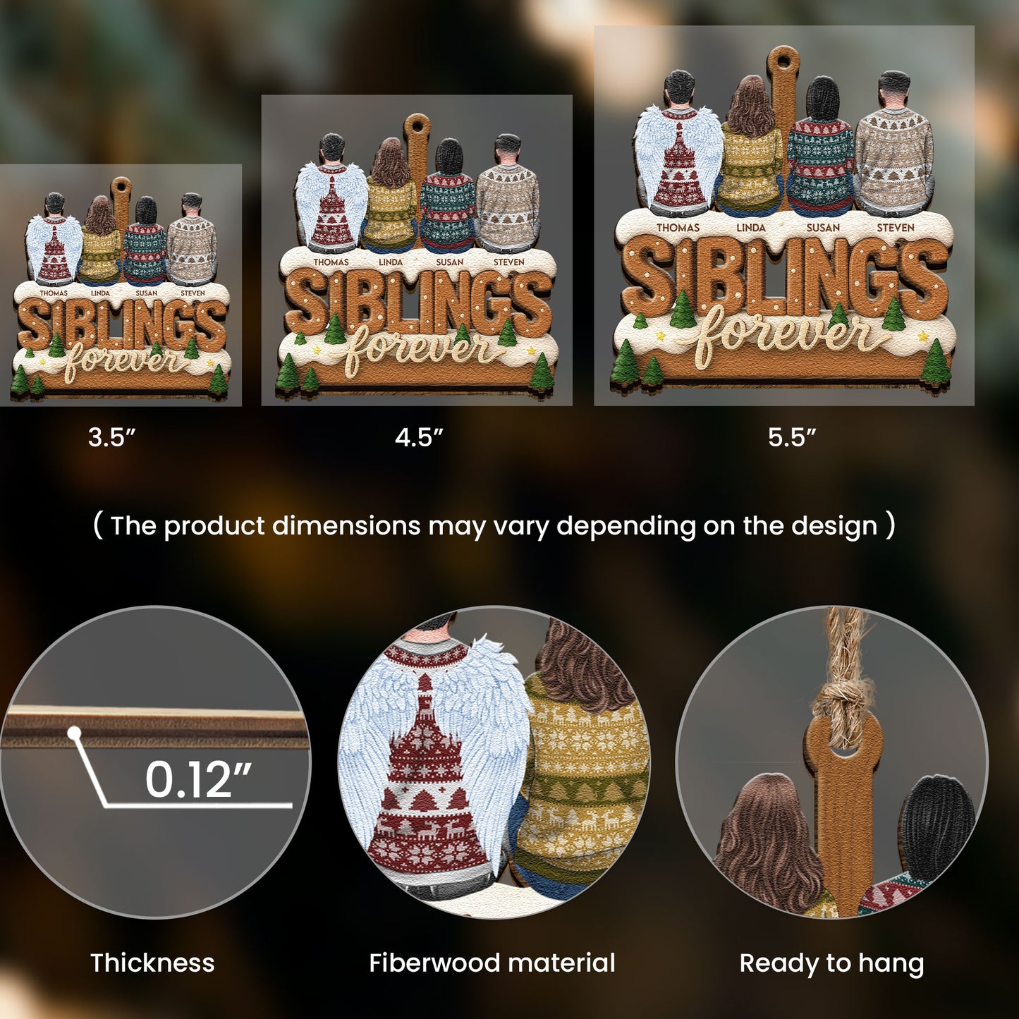 2D Flat Ornament Siblings Forever - Family Sitting Together - Personalized Wooden Ornament