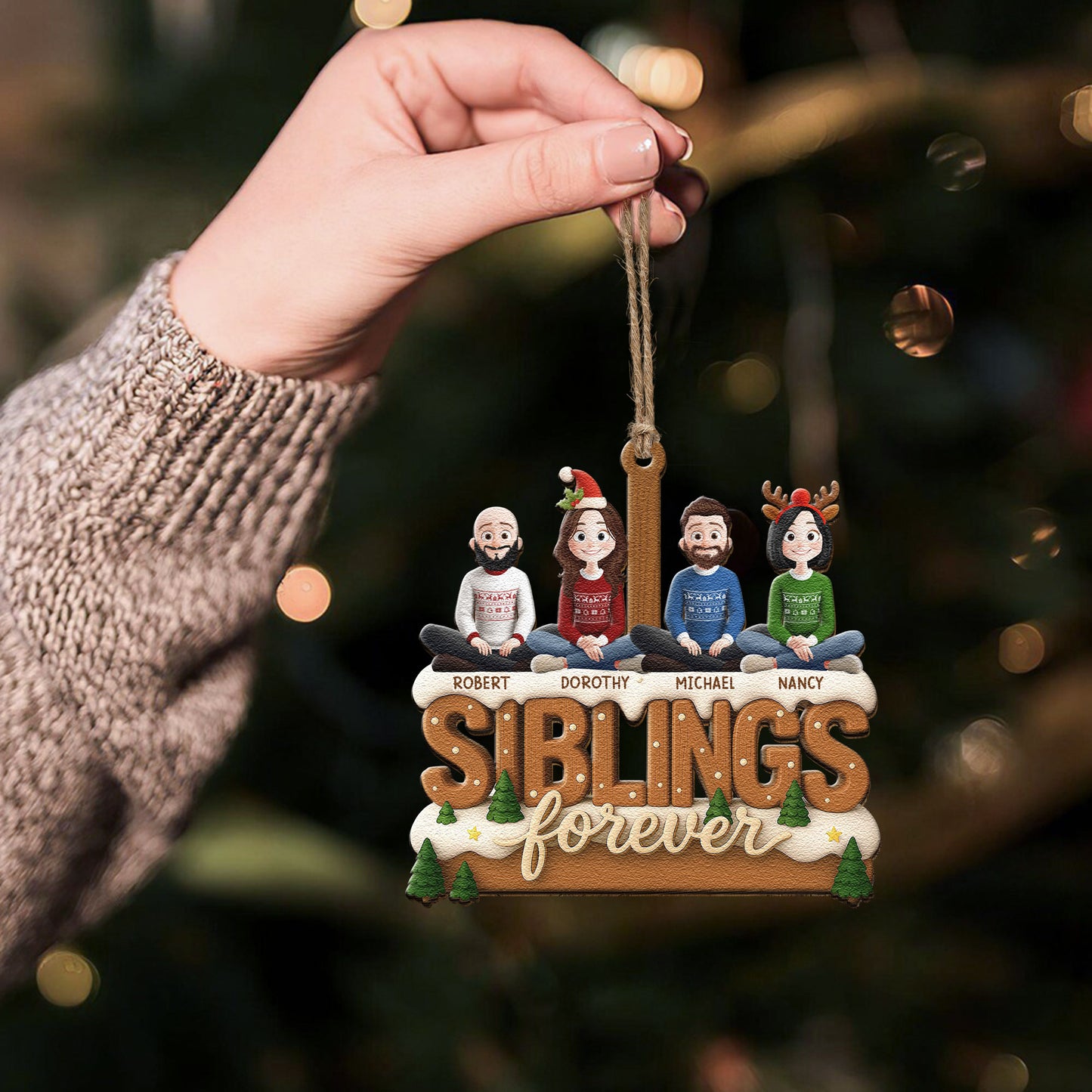 2D Flat Ornament Siblings Forever - Family Sitting Together - Personalized Wooden Ornament