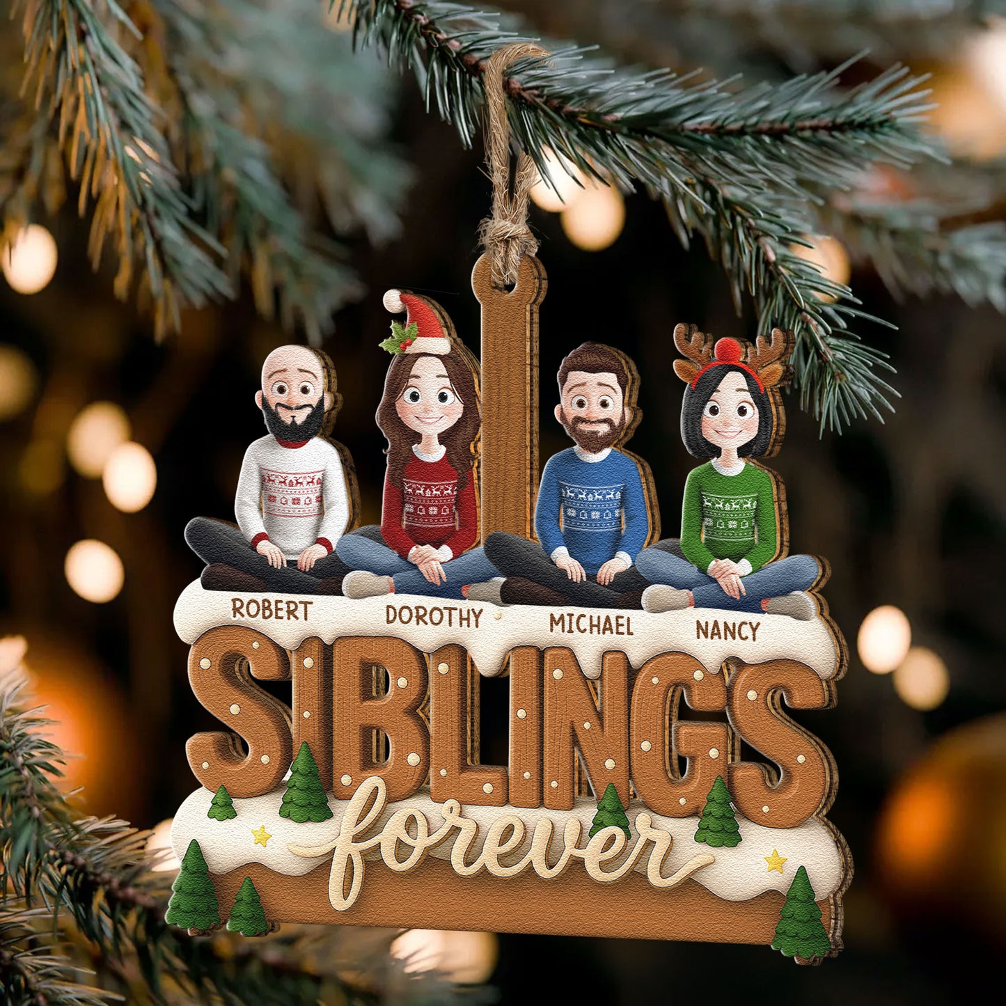 2D Flat Ornament Siblings Forever - Family Sitting Together - Personalized Wooden Ornament
