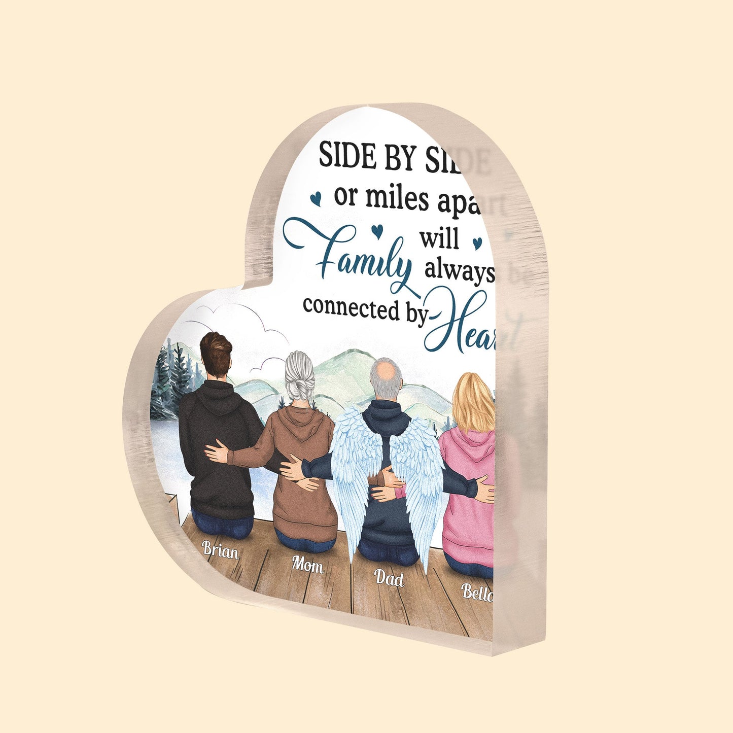 Side By Side Or Miles Apart, Family Connected By Heart - Personalized Heart-Shaped Acrylic Plaque