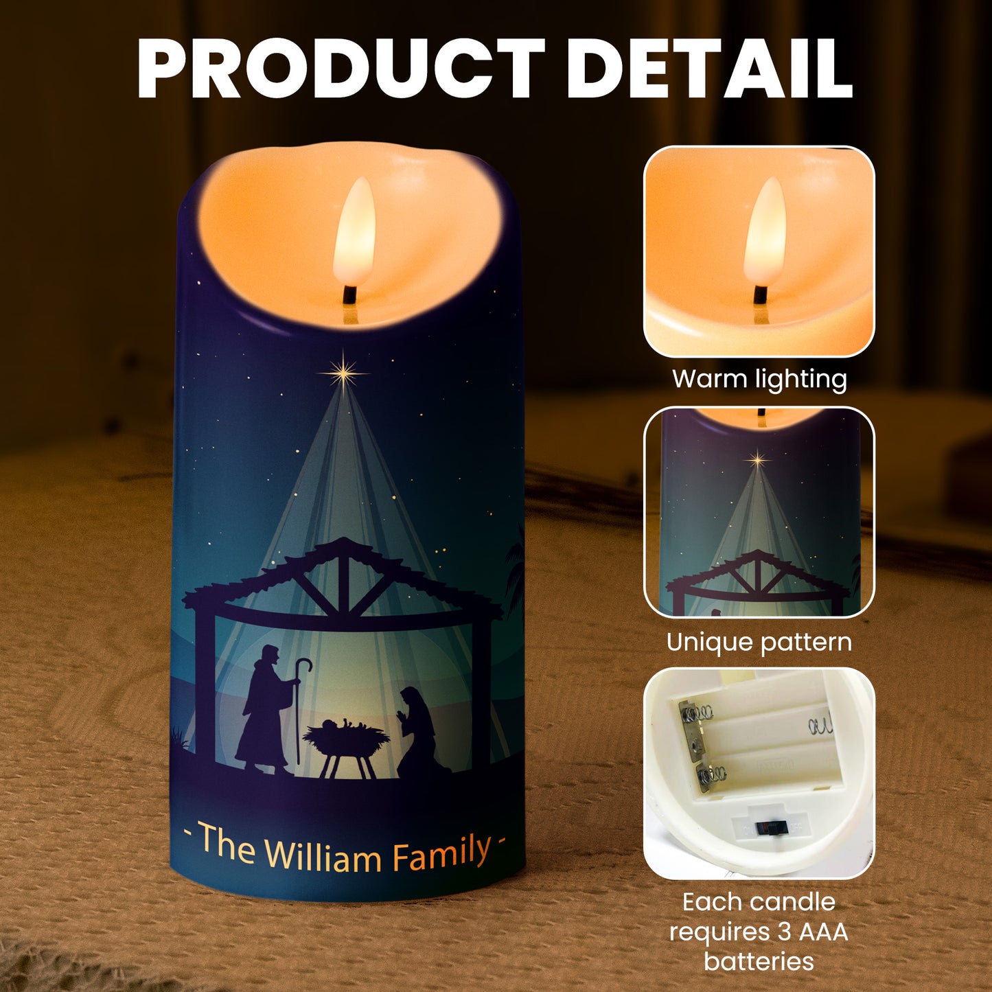 Silent Night Holy Night Nativity Gift For Family - Personalized LED Candle