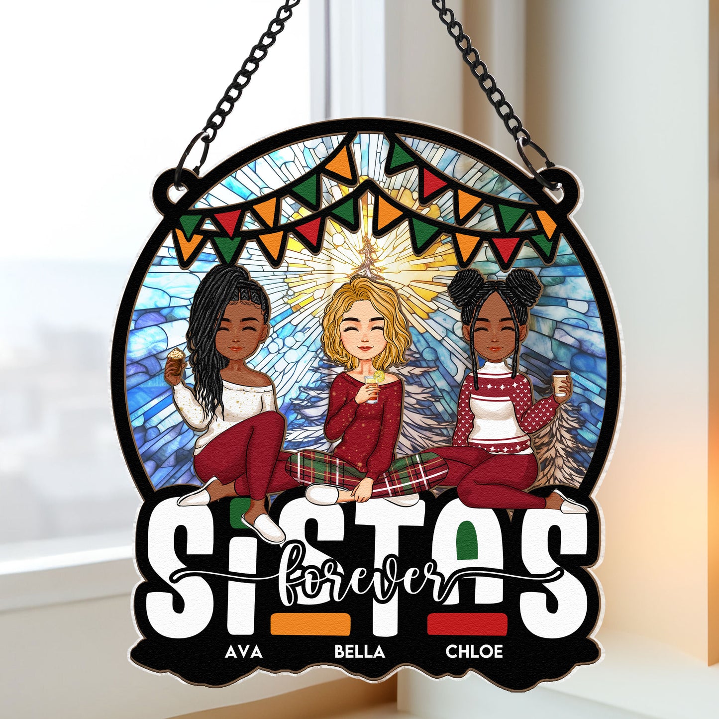 Sistas Forever Sisters Friendship Gift - Personalized Window Hanging Suncatcher Ornament