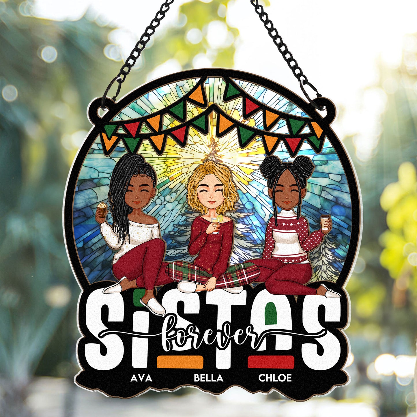 Sistas Forever Sisters Friendship Gift - Personalized Window Hanging Suncatcher Ornament