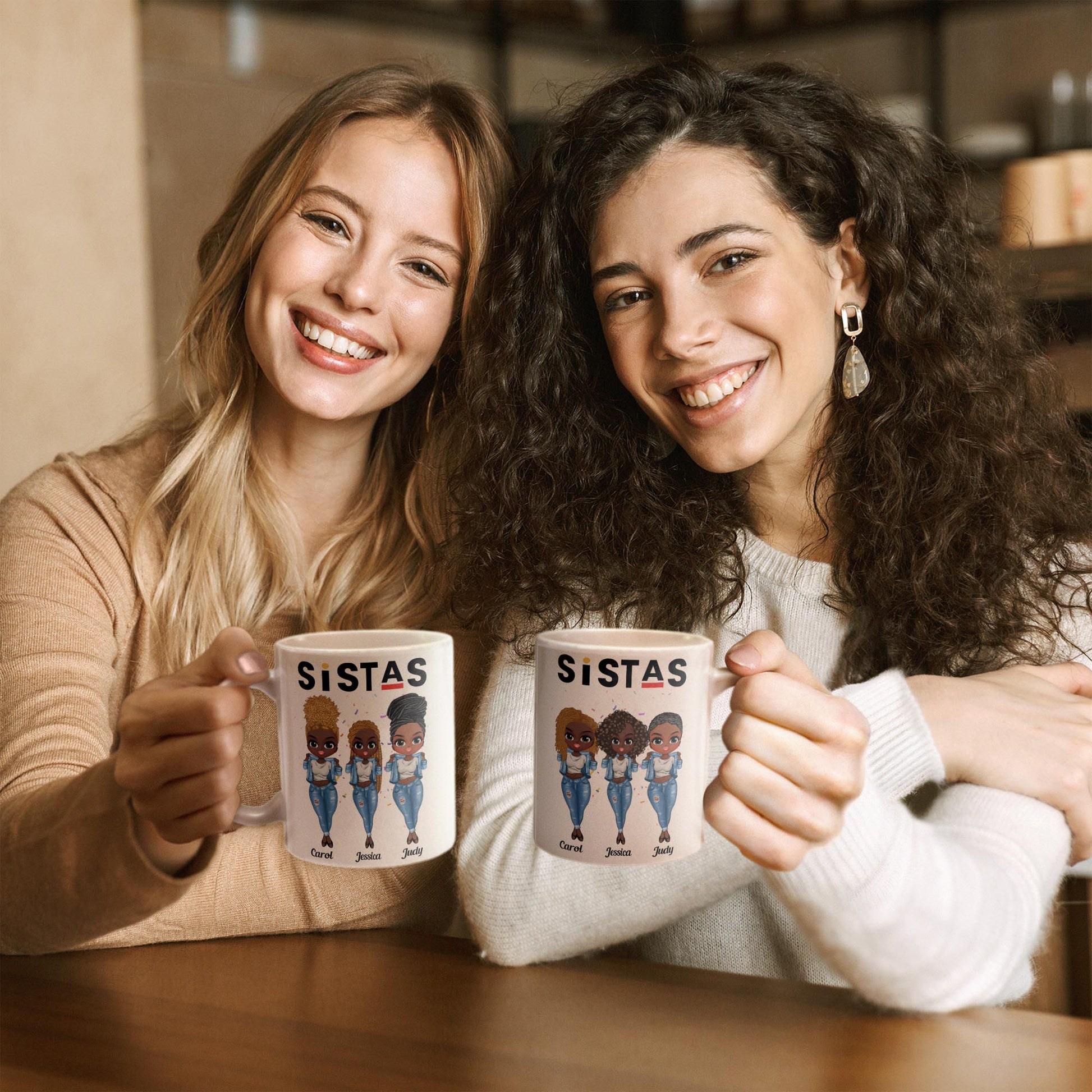 Sistas - Personalized Mug - Birthday Gift For Bestie, Best Friend, BFF, Sista, Colleague - Denim Chibi Girl 