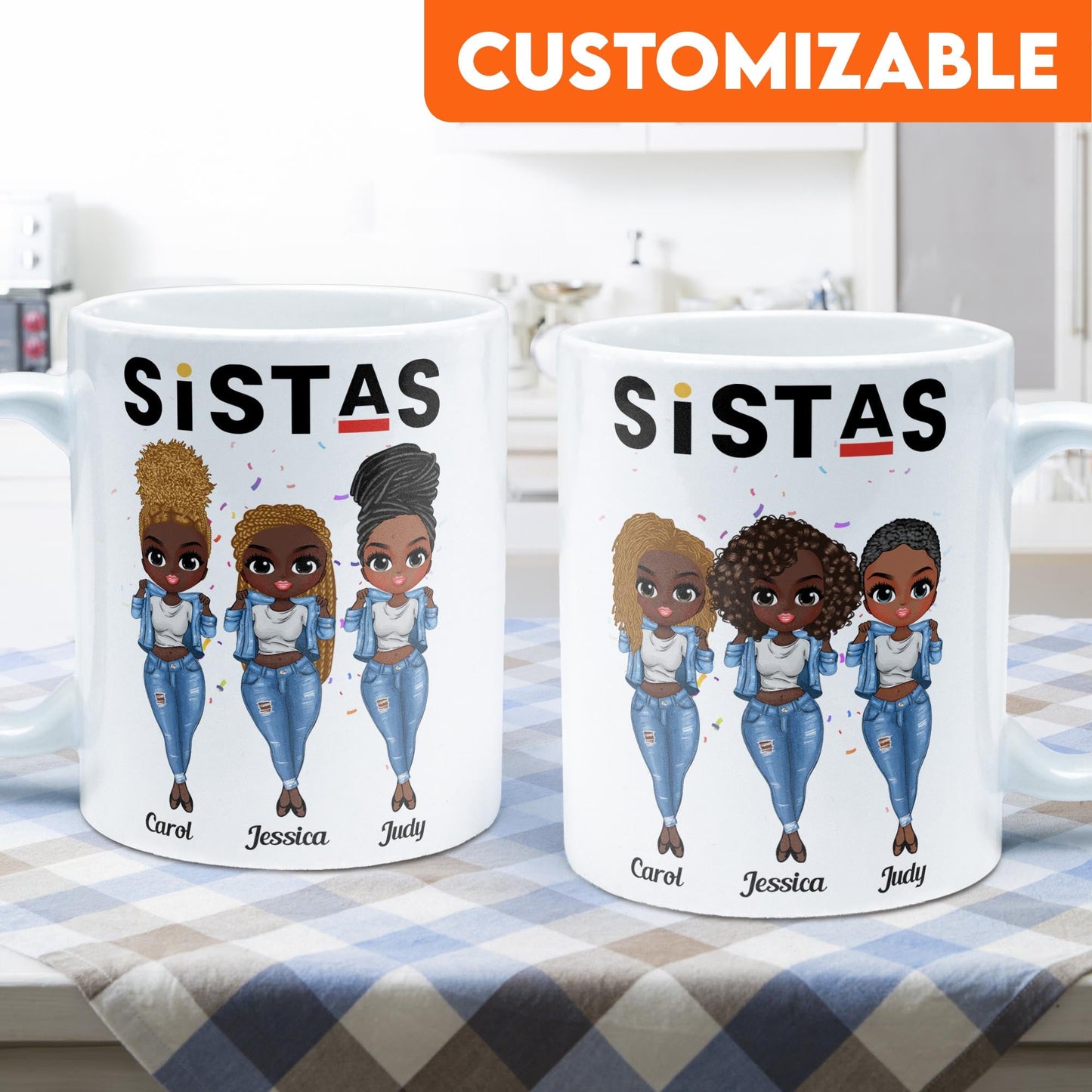 Sistas - Personalized Mug - Birthday Gift For Bestie, Best Friend, BFF, Sista, Colleague - Denim Chibi Girl 