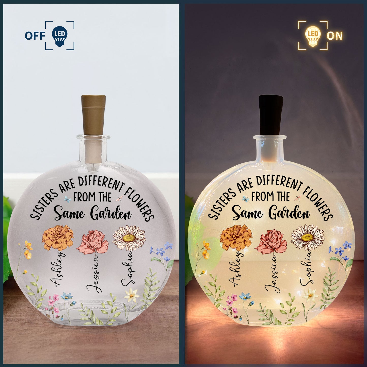 Sister Are Different Flowers - Personalized Round Flat Bottle Light