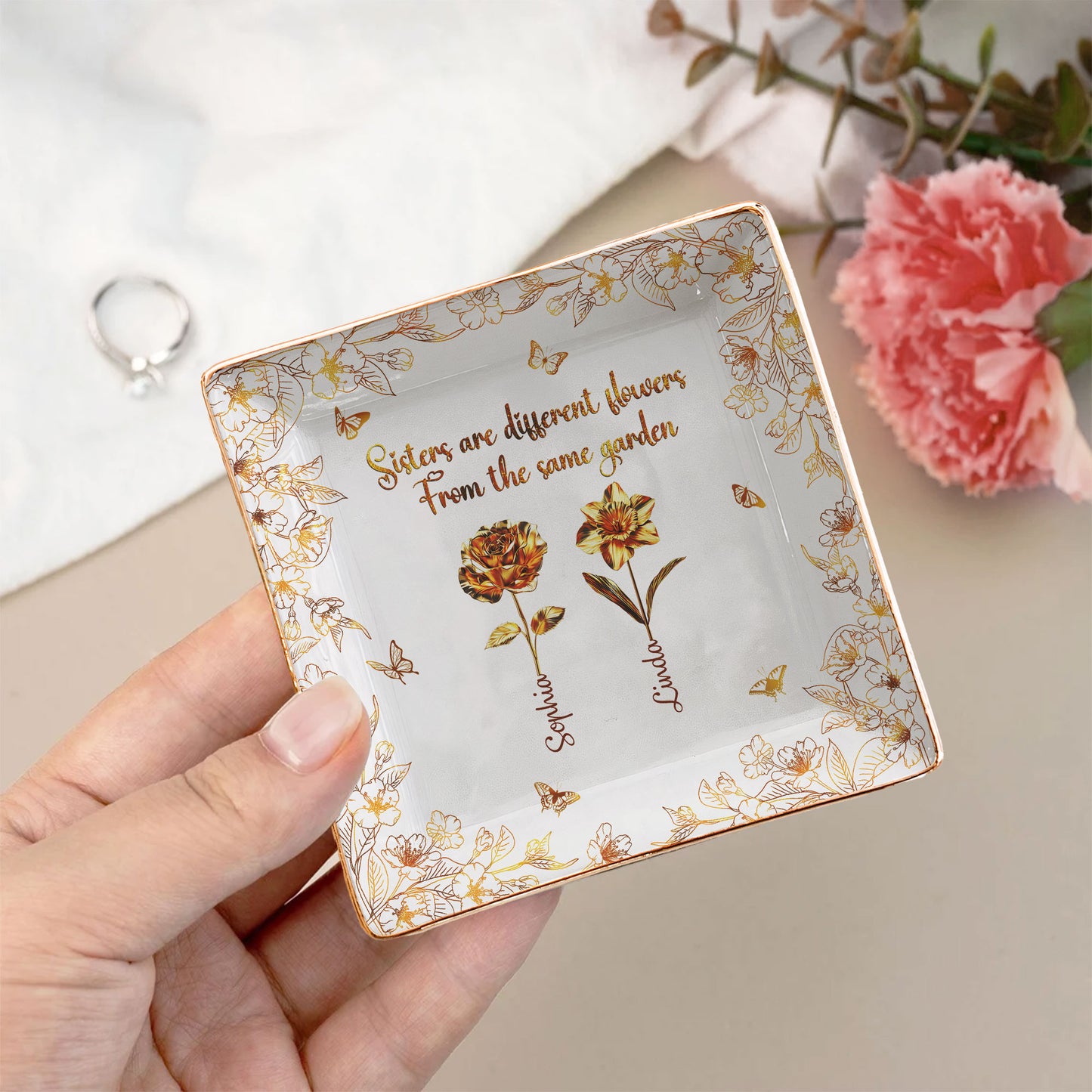 Sisters Are Different Flowers From The Same Garden New - Personalized Jewelry Dish