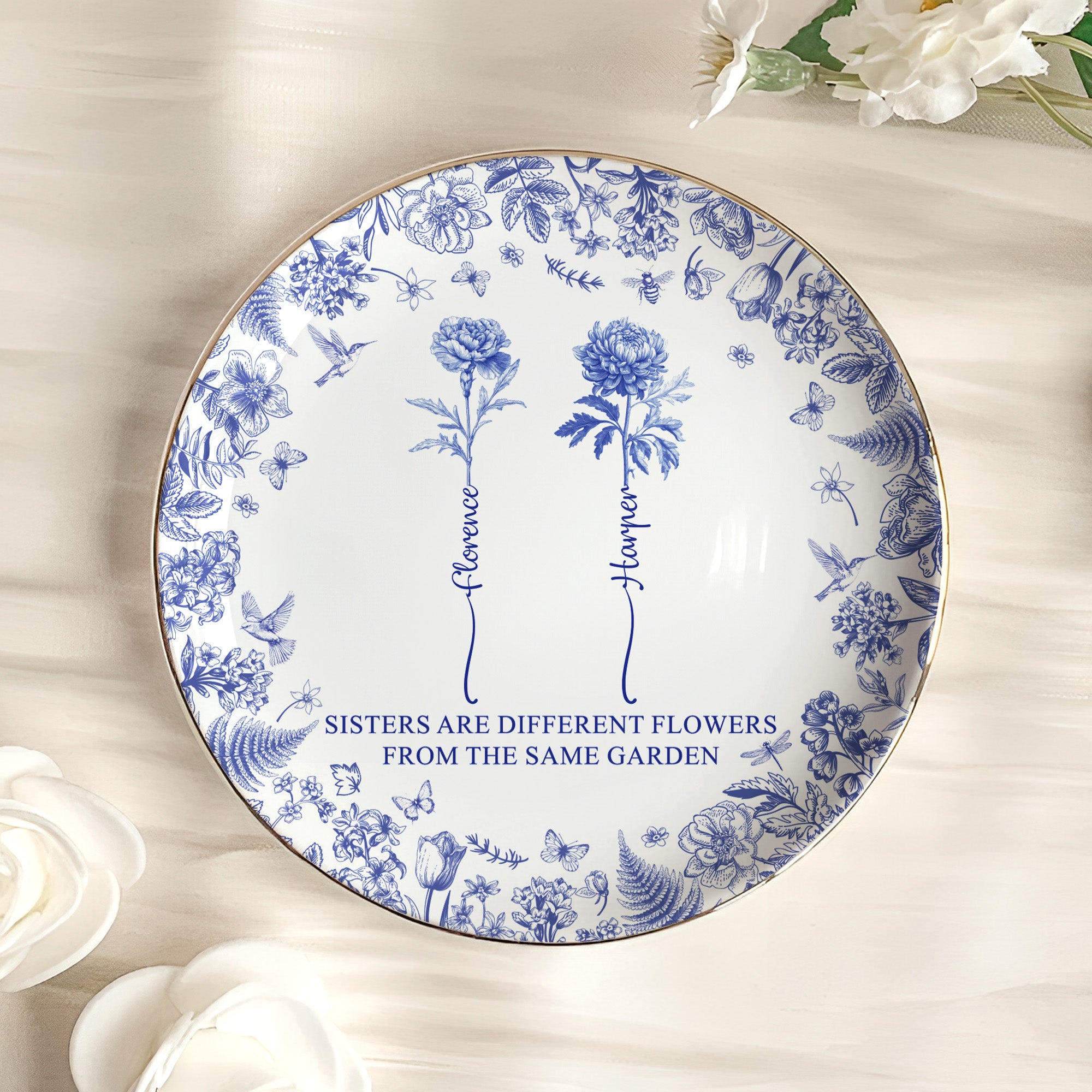 Sisters Are Different Flowers From The Same Garden New Ver - Personalized Jewelry Dish, Christmas Gift For Friend