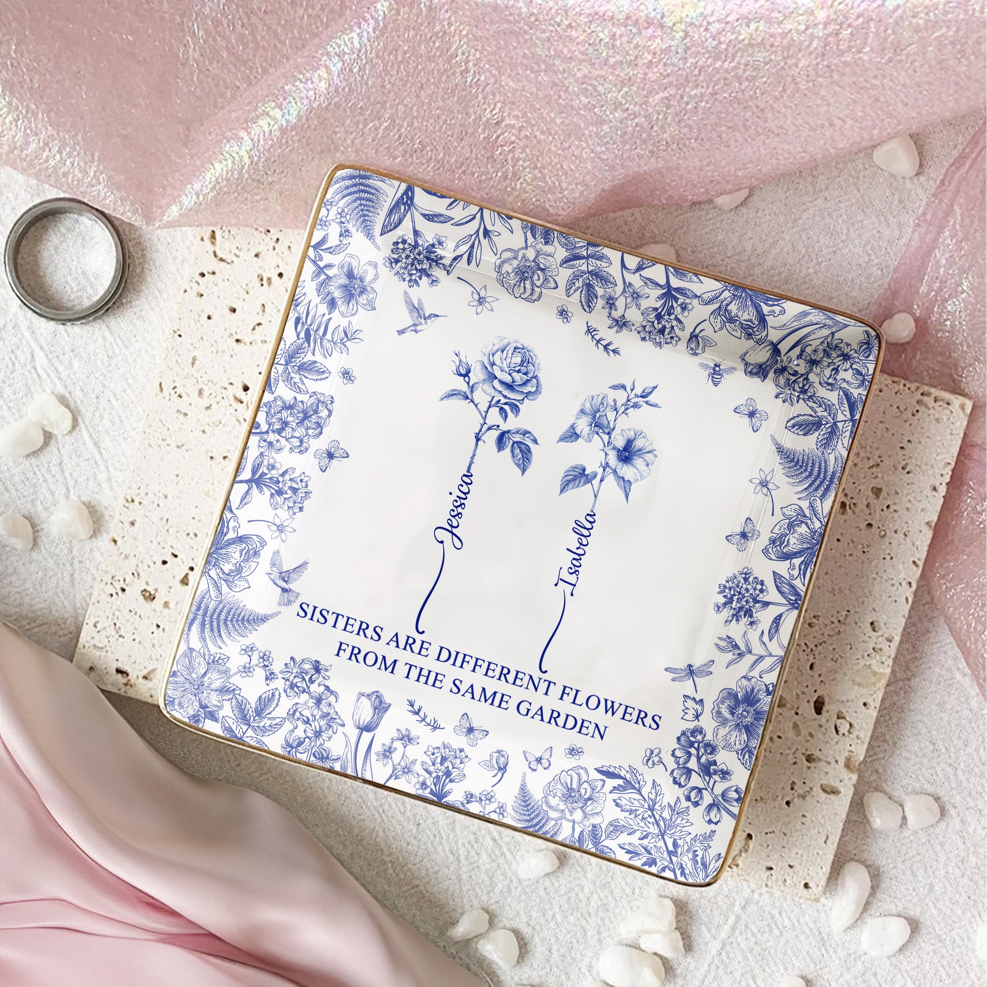 Sisters Are Different Flowers From The Same Garden - Personalized Jewelry Dish - Christmas Gift For Friend