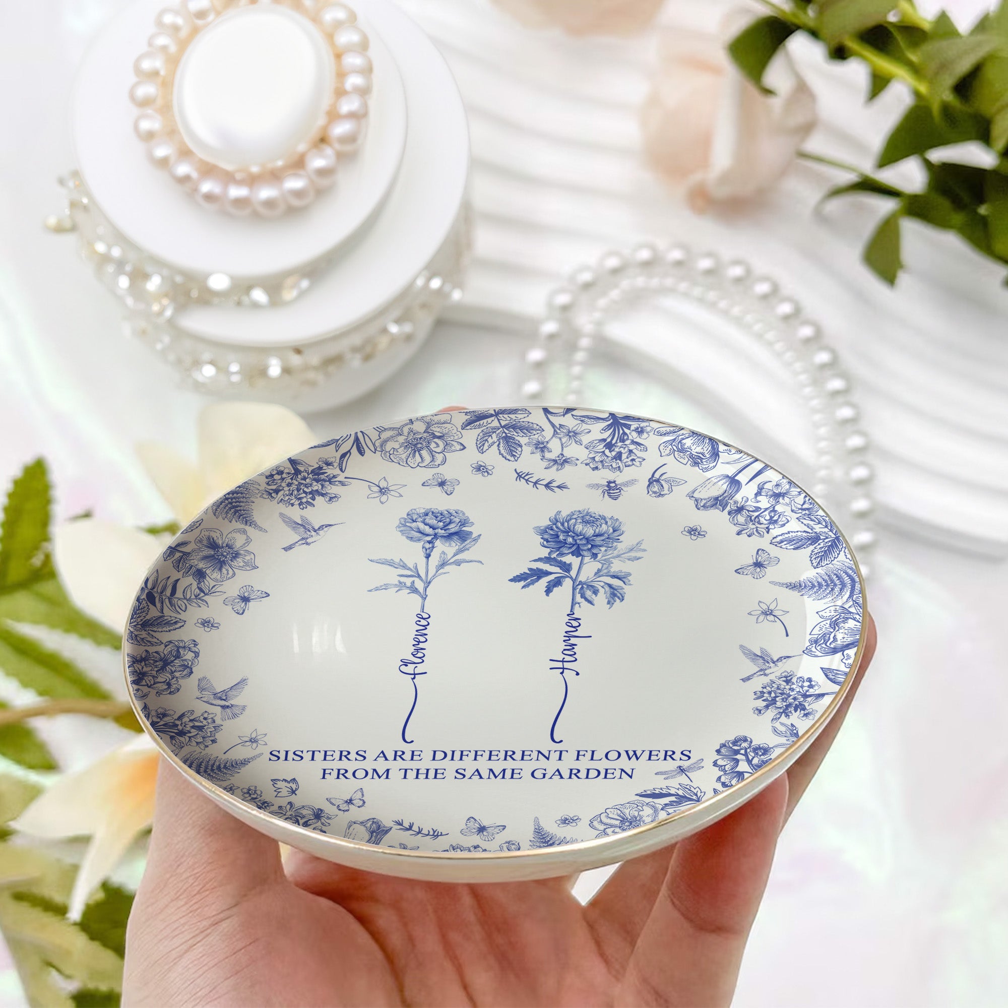 Sisters Are Different Flowers From The Same Garden New Ver - Personalized Jewelry Dish, Christmas Gift For Friend