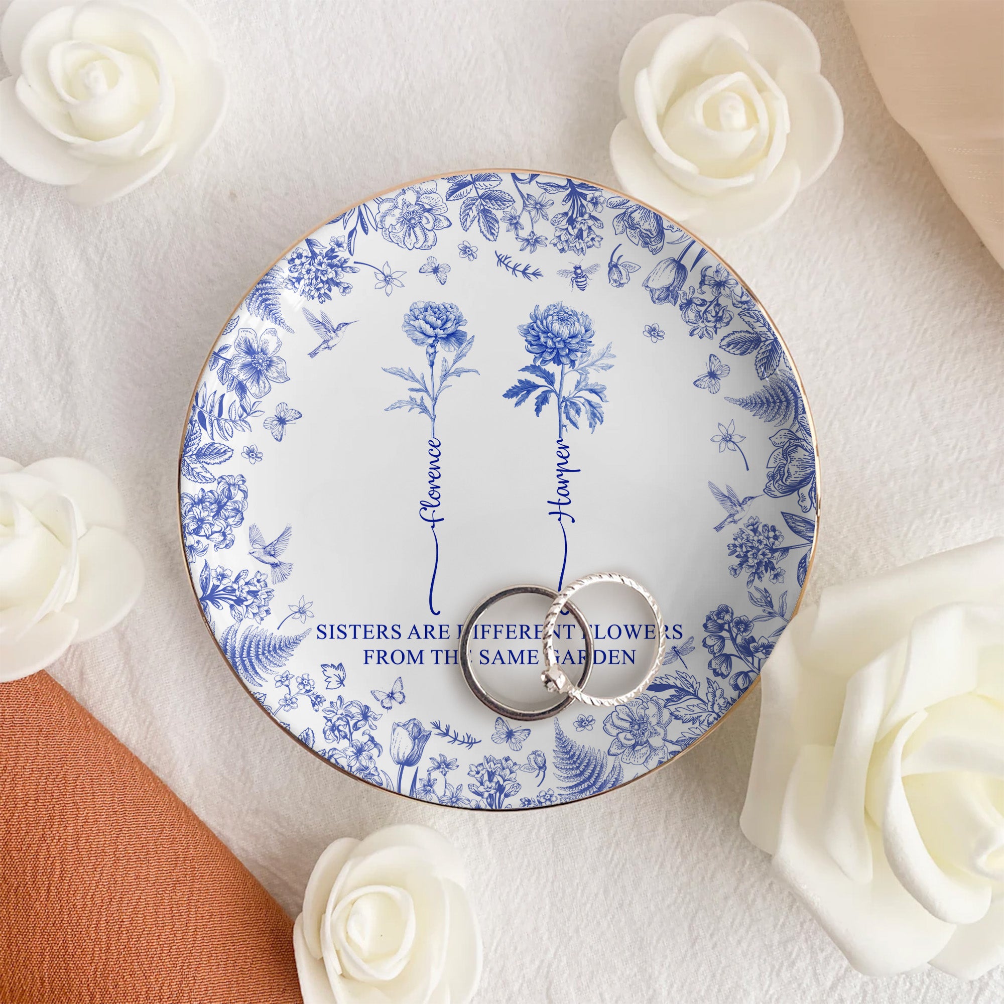 Sisters Are Different Flowers From The Same Garden New Ver - Personalized Jewelry Dish, Christmas Gift For Friend