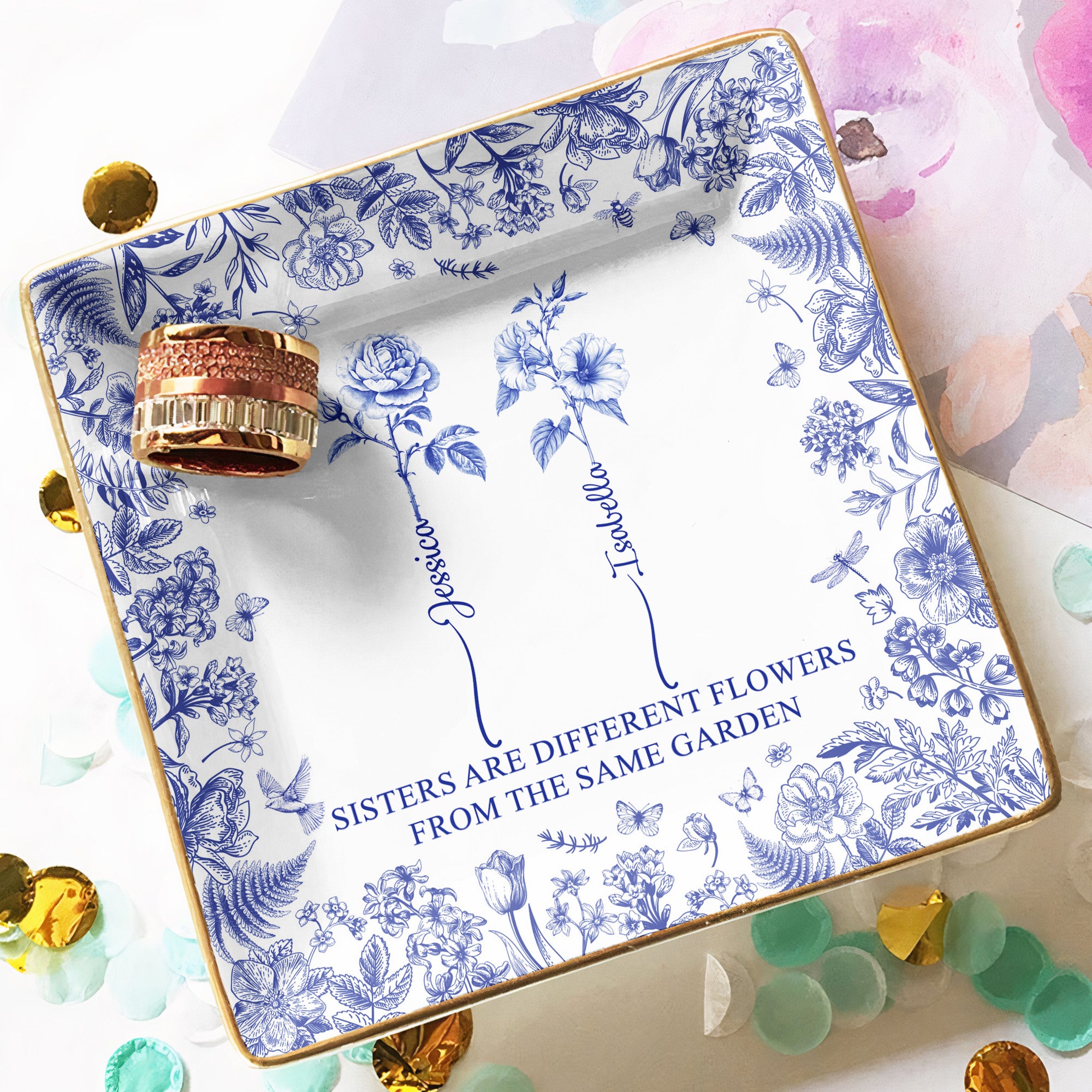 Sisters Are Different Flowers From The Same Garden - Personalized Jewelry Dish - Christmas Gift For Friend