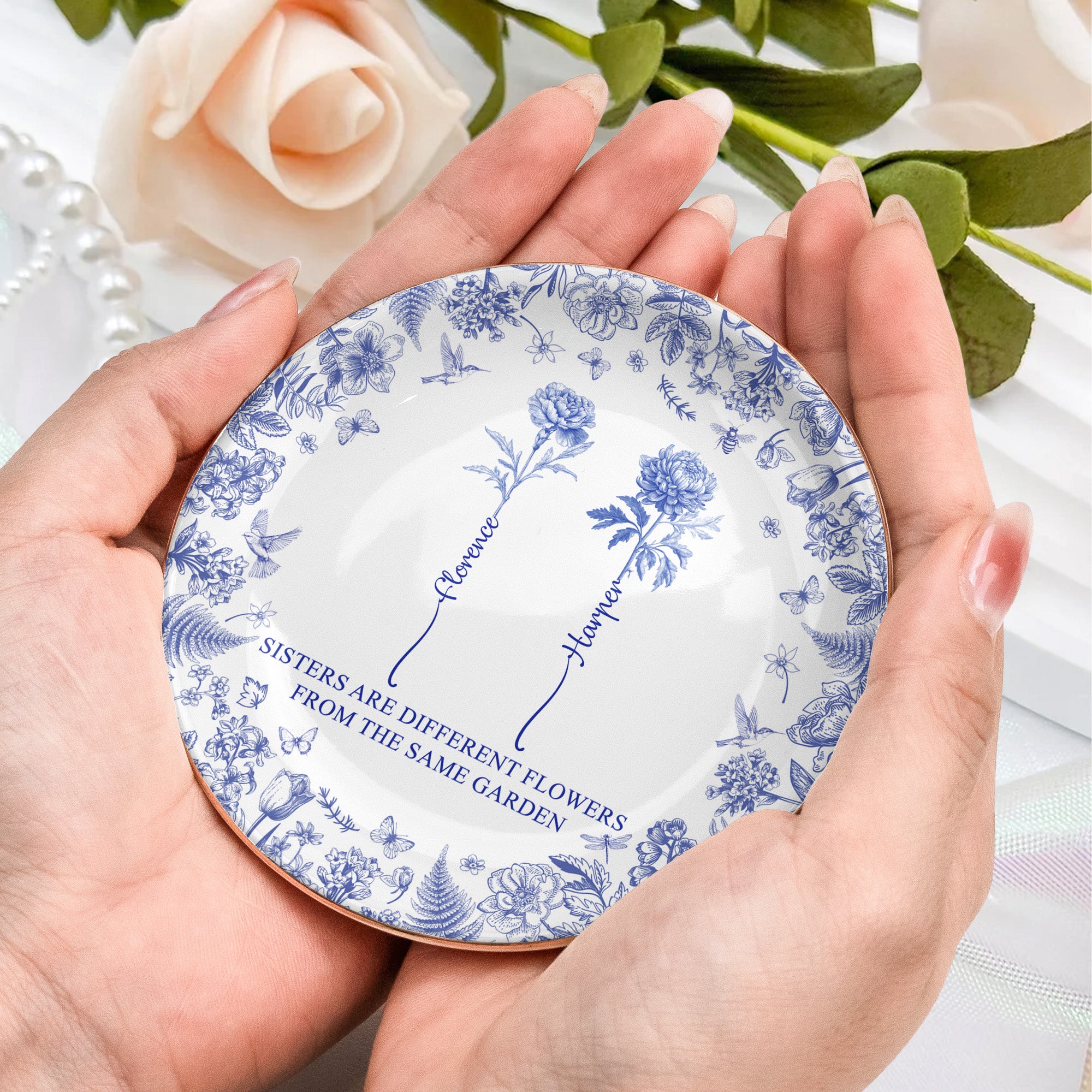 Sisters Are Different Flowers From The Same Garden New Ver - Personalized Jewelry Dish, Christmas Gift For Friend