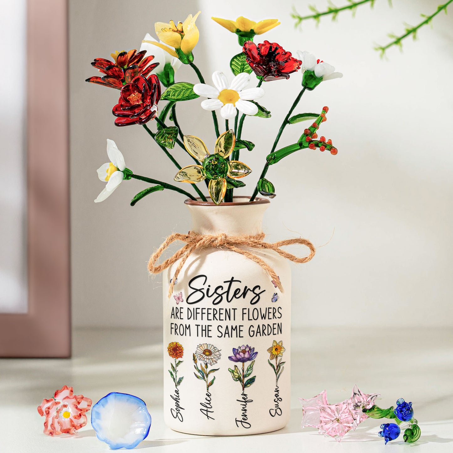 Sisters Are Different Flowers From The Same Garden - Personalized Vase With Glass Birth Month Flowers