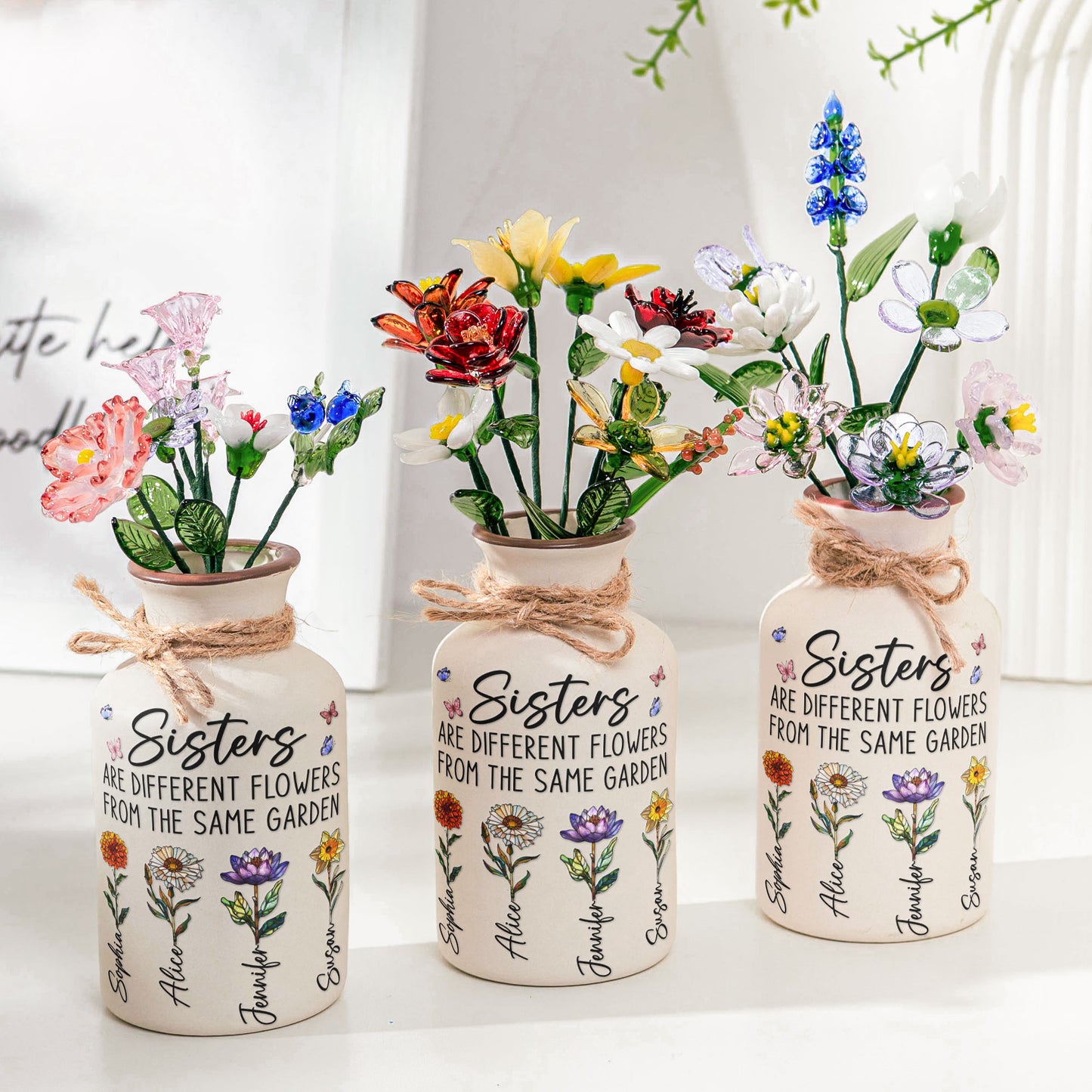 Sisters Are Different Flowers From The Same Garden - Personalized Vase With Glass Birth Month Flowers