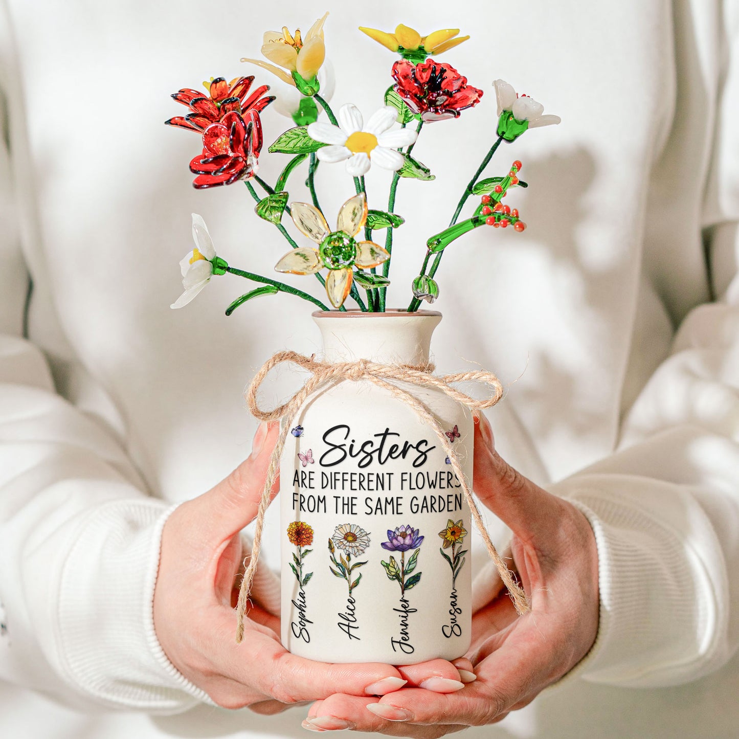 Sisters Are Different Flowers From The Same Garden - Personalized Vase With Glass Birth Month Flowers