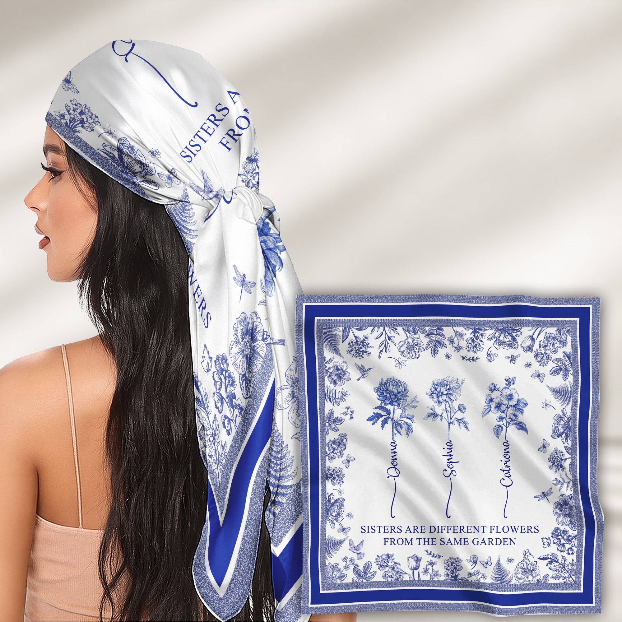 Sisters Are Different Flowers From The Same Garden Toile De Jouy Birth Flower - Personalized Satin Scarf