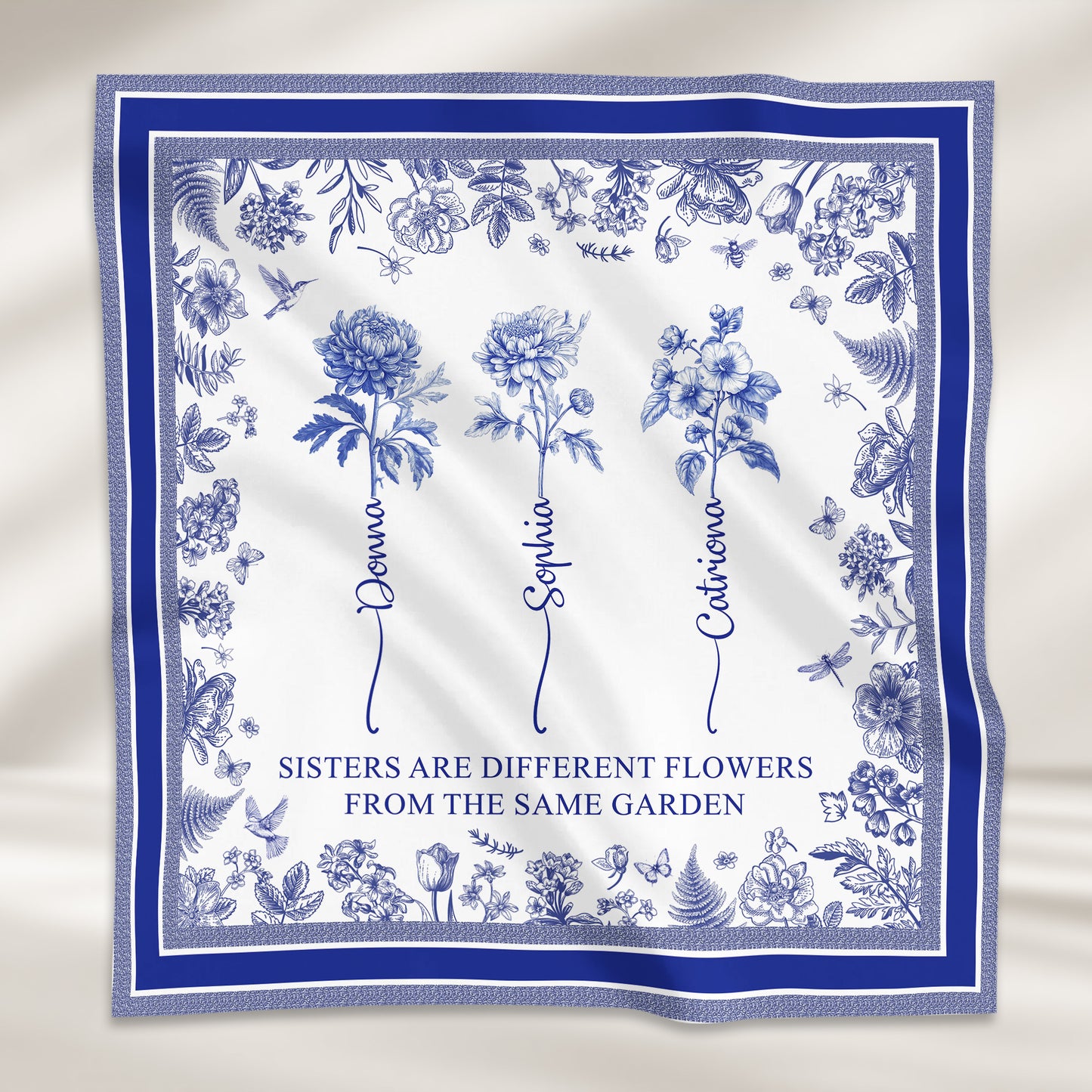 Sisters Are Different Flowers From The Same Garden Toile De Jouy Birth Flower - Personalized Satin Scarf