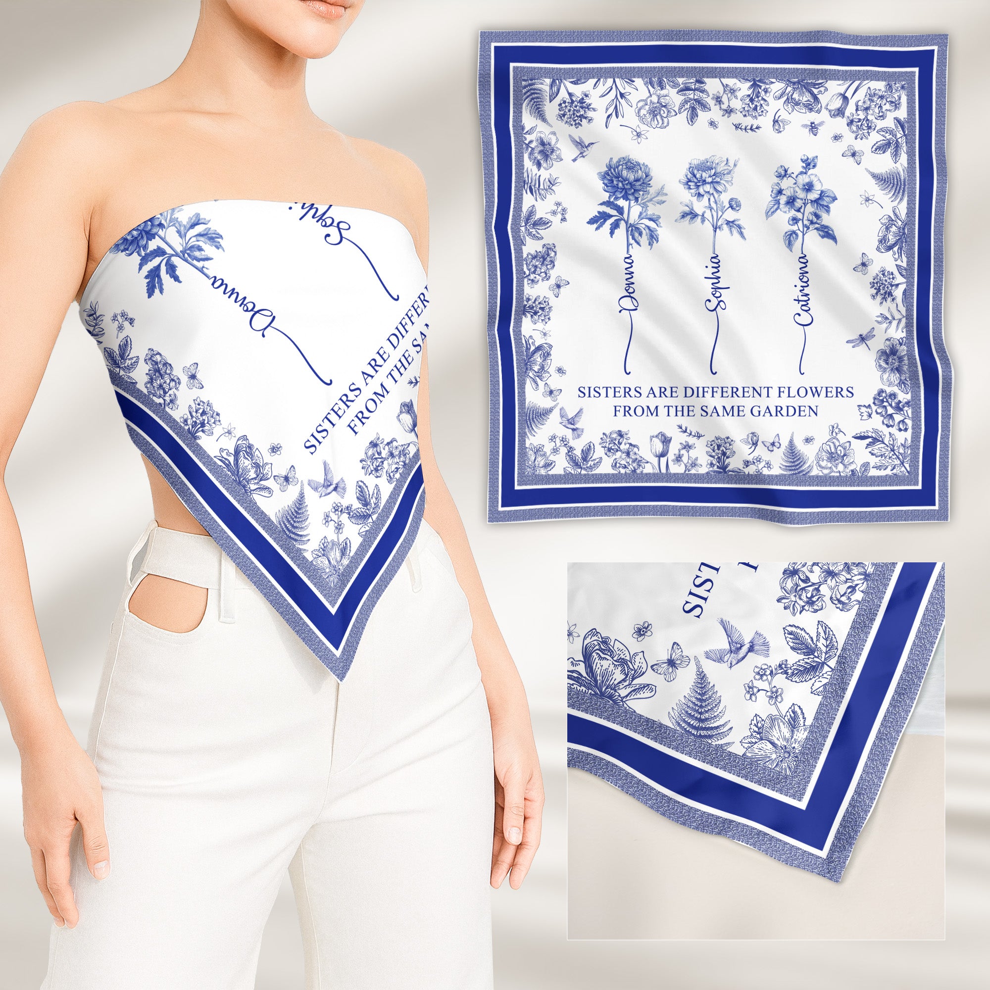Sisters Are Different Flowers From The Same Garden Toile De Jouy Birth Flower - Personalized Satin Scarf
