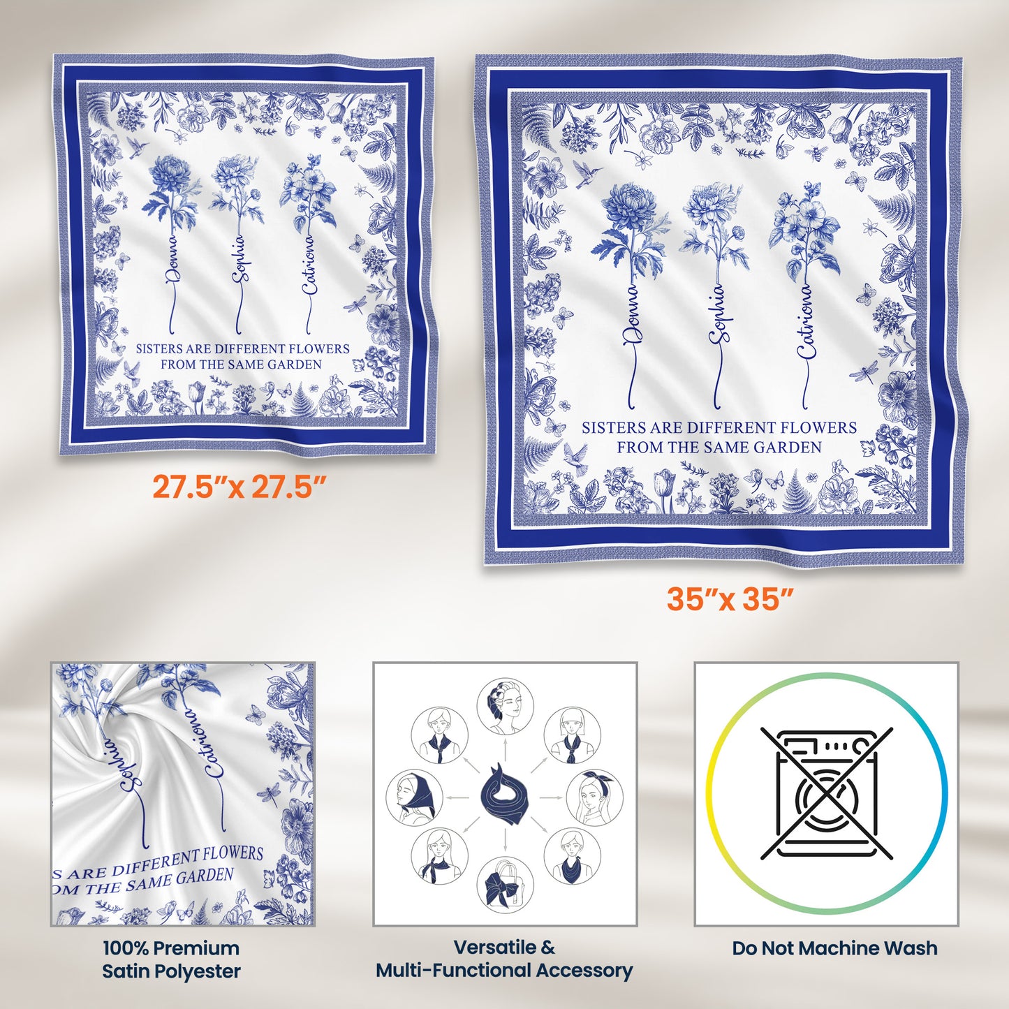 Sisters Are Different Flowers From The Same Garden Toile De Jouy Birth Flower - Personalized Satin Scarf