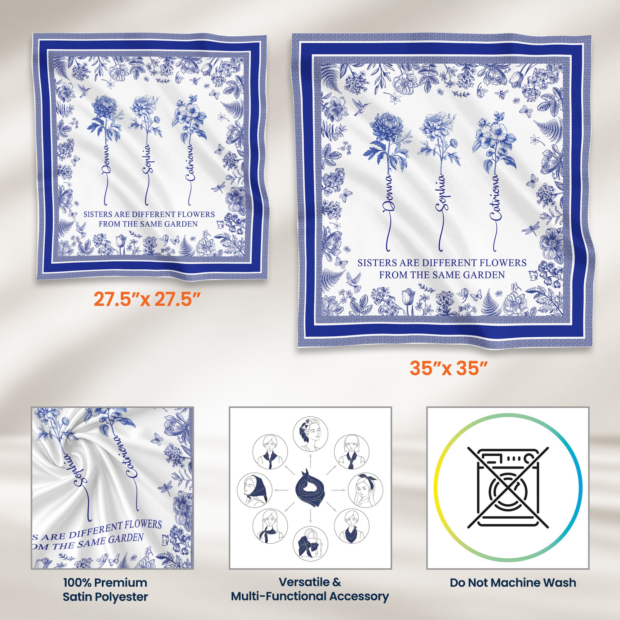 Sisters Are Different Flowers From The Same Garden Toile De Jouy Birth Flower - Personalized Satin Scarf