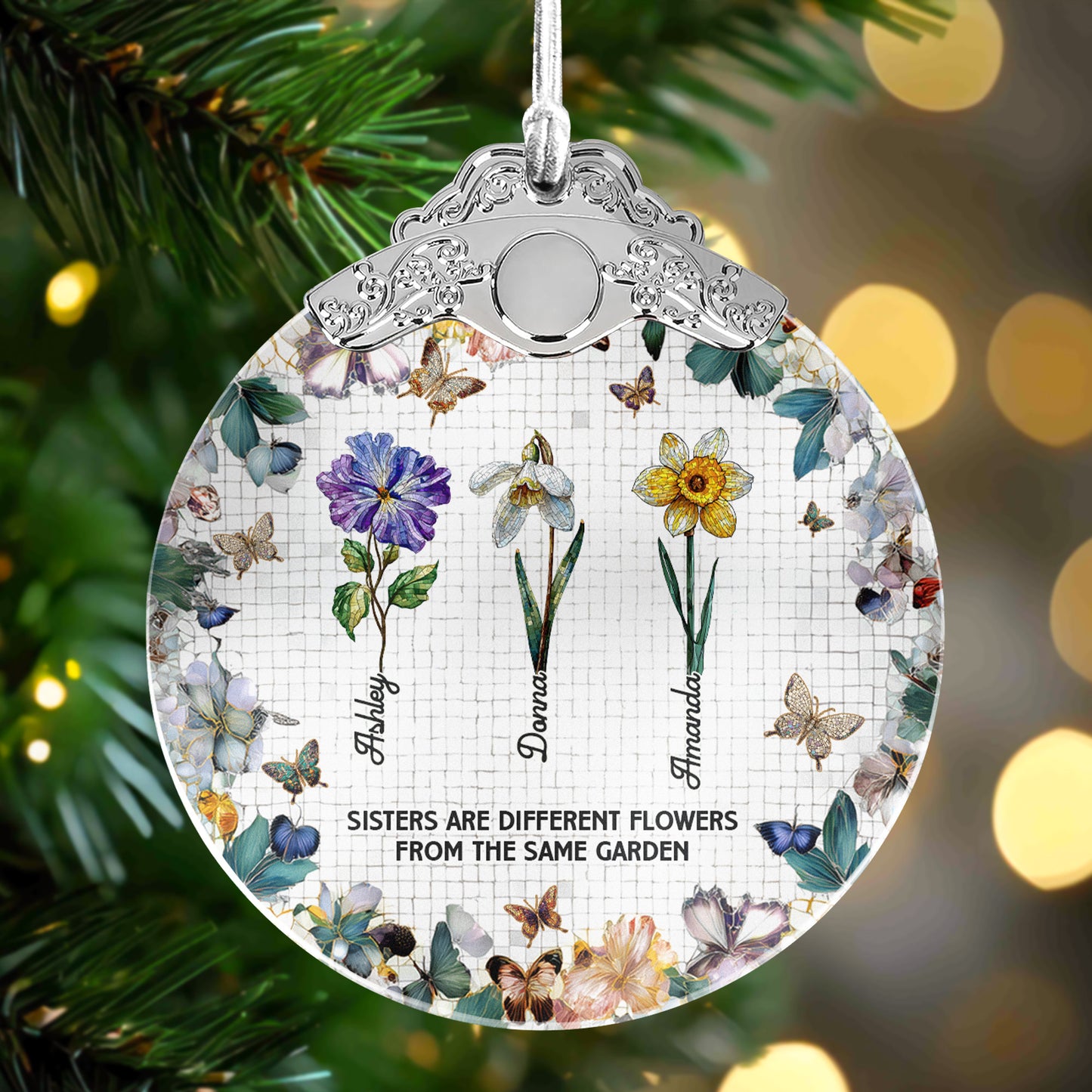 Sisters Are Different Flowers Mosaic Style - Personalized Glass Ornament With Silver Cap