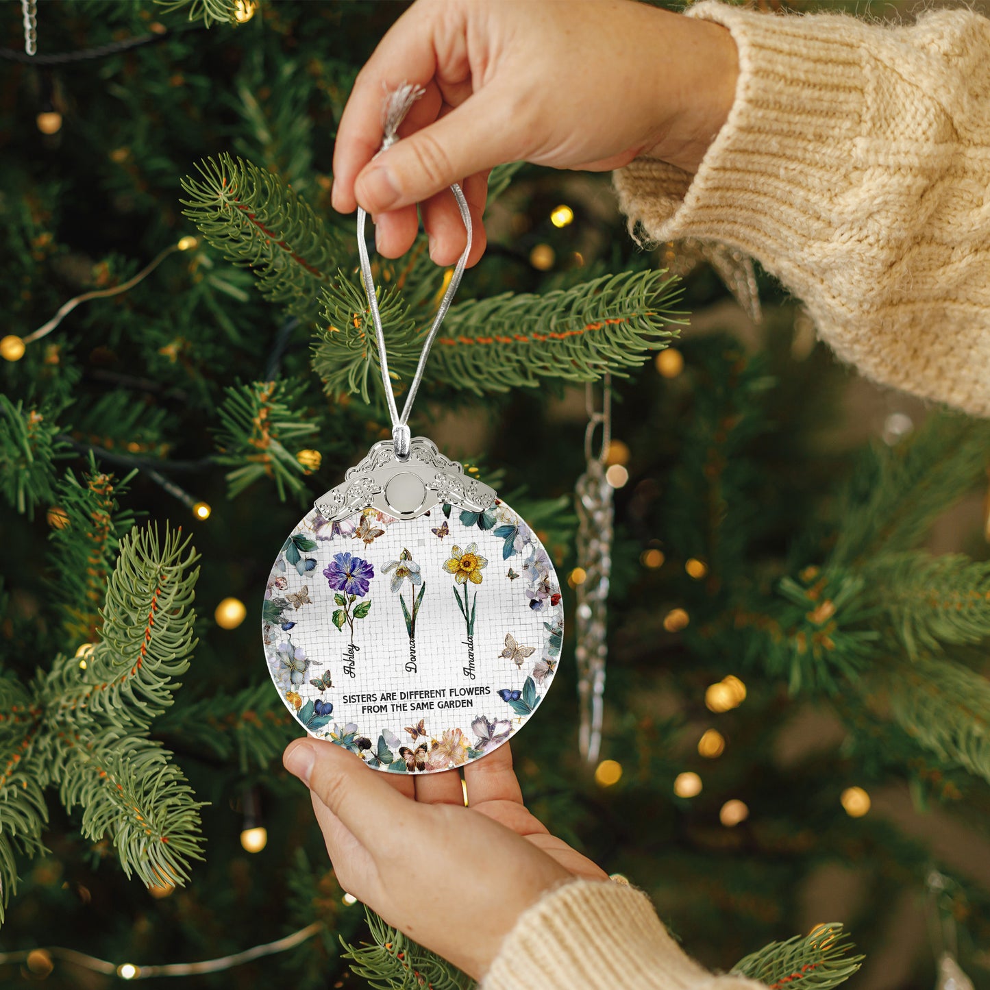 Sisters Are Different Flowers Mosaic Style - Personalized Glass Ornament With Silver Cap