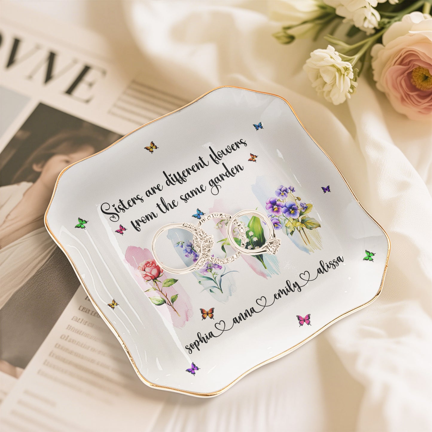 Sisters Are Flowers From The Same Garden - New Version Custom Birth Flower - Personalized Jewelry Dish